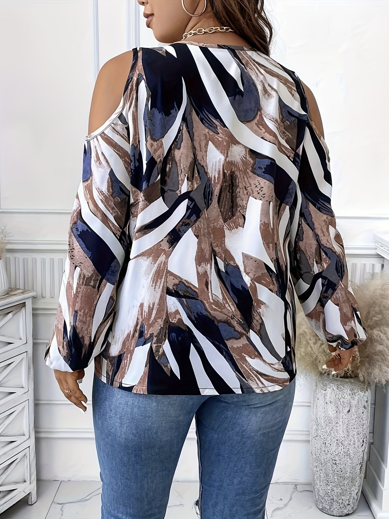 gbolsos Plus Size All Over Print Cold Shoulder Top, Casual Zip Front Long Sleeve Top For Spring & Fall, Women's Plus Size Clothing