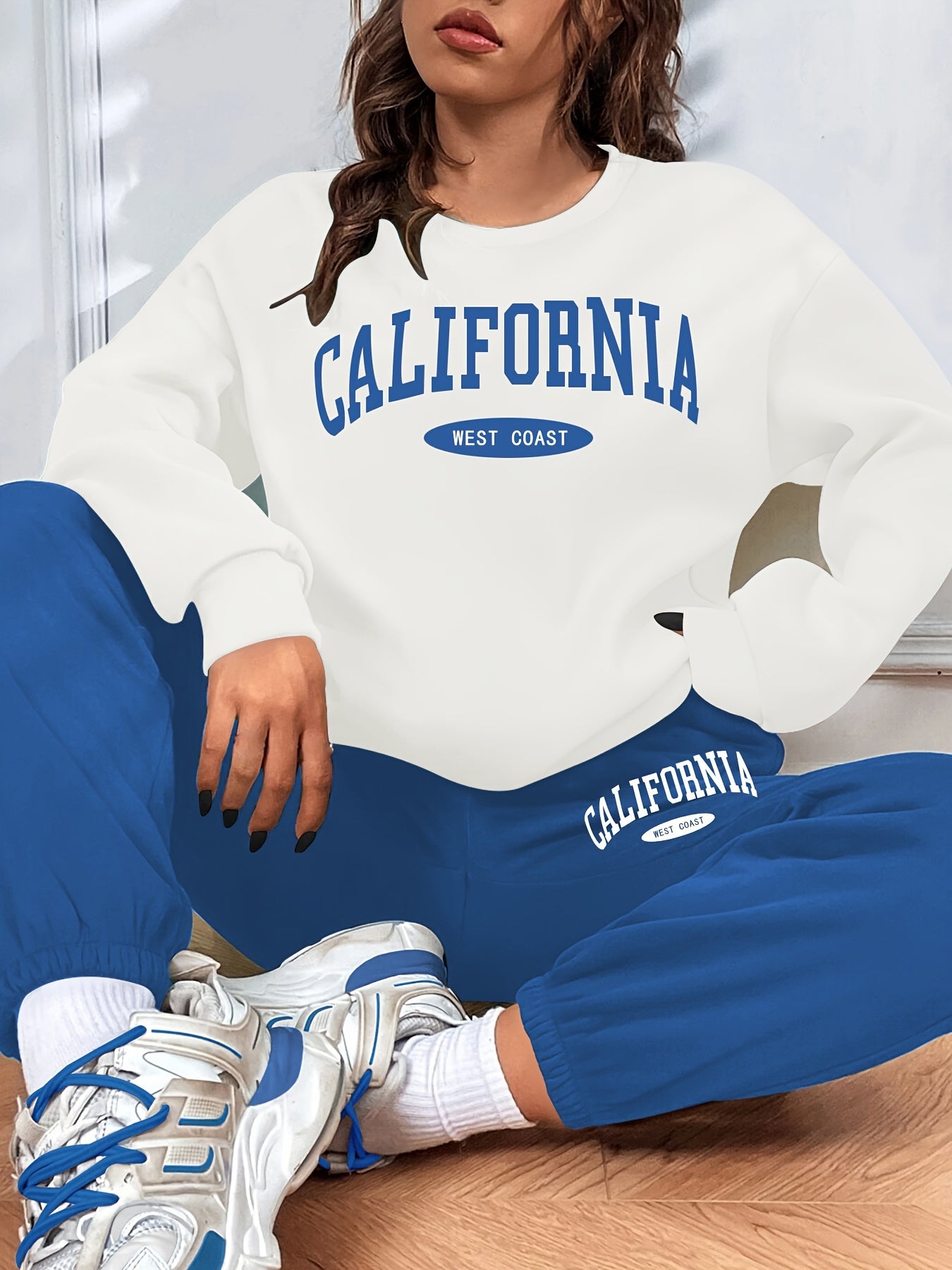 gbolsos California Print Casual Two-piece Set, Long Sleeve Sweatshirt & Elastic Waist Sweatpants Outfits, Women's Clothing