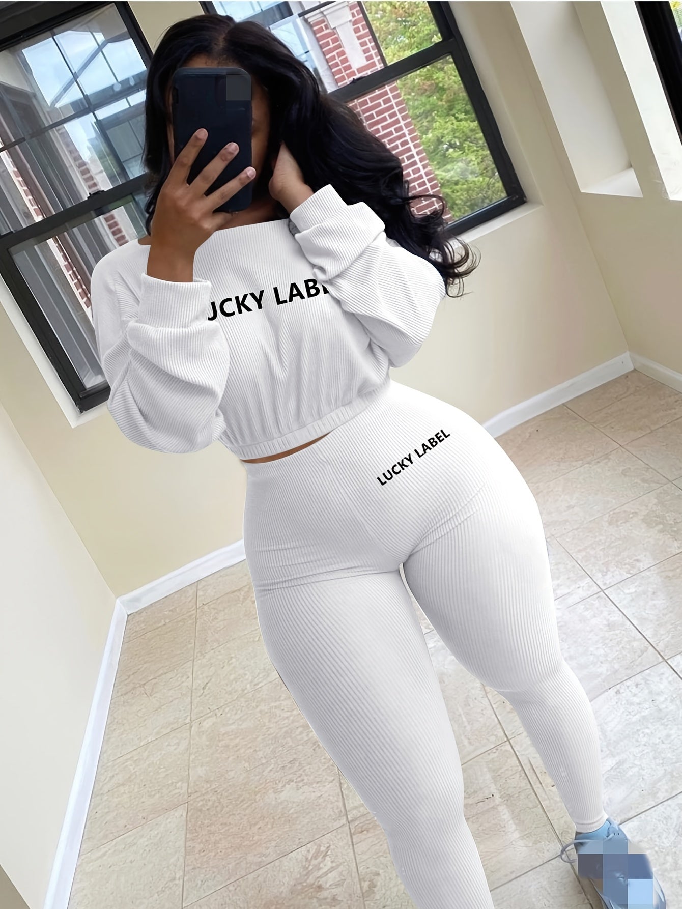 gbolsos Letter Print 2pc Set, Drop Shoulder Crew Neck Sweatshirt & Elastic Waist Jogging Pants Set, Women's Clothing