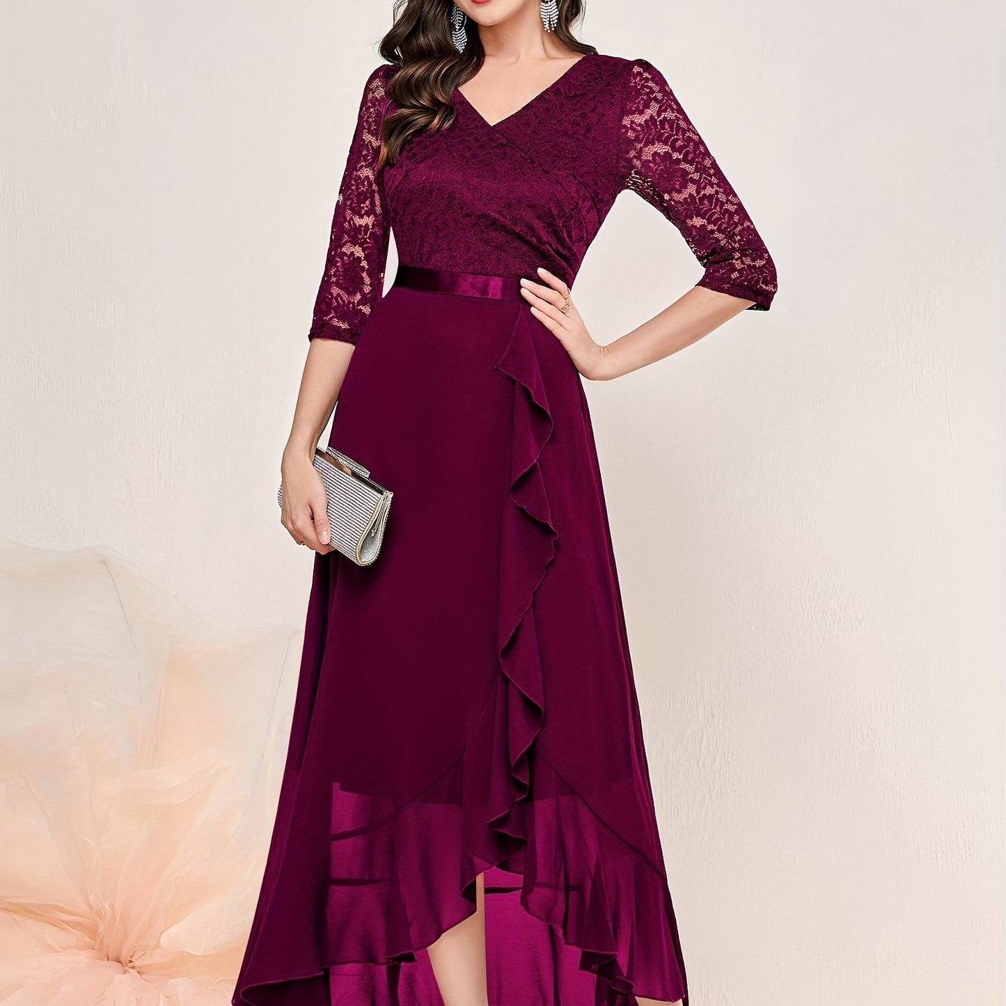 gbolsos Solid V Neck Lace Splicing Dress, Elegant Ruffle Trim Dress For Wedding & Banquet, Women's Clothing