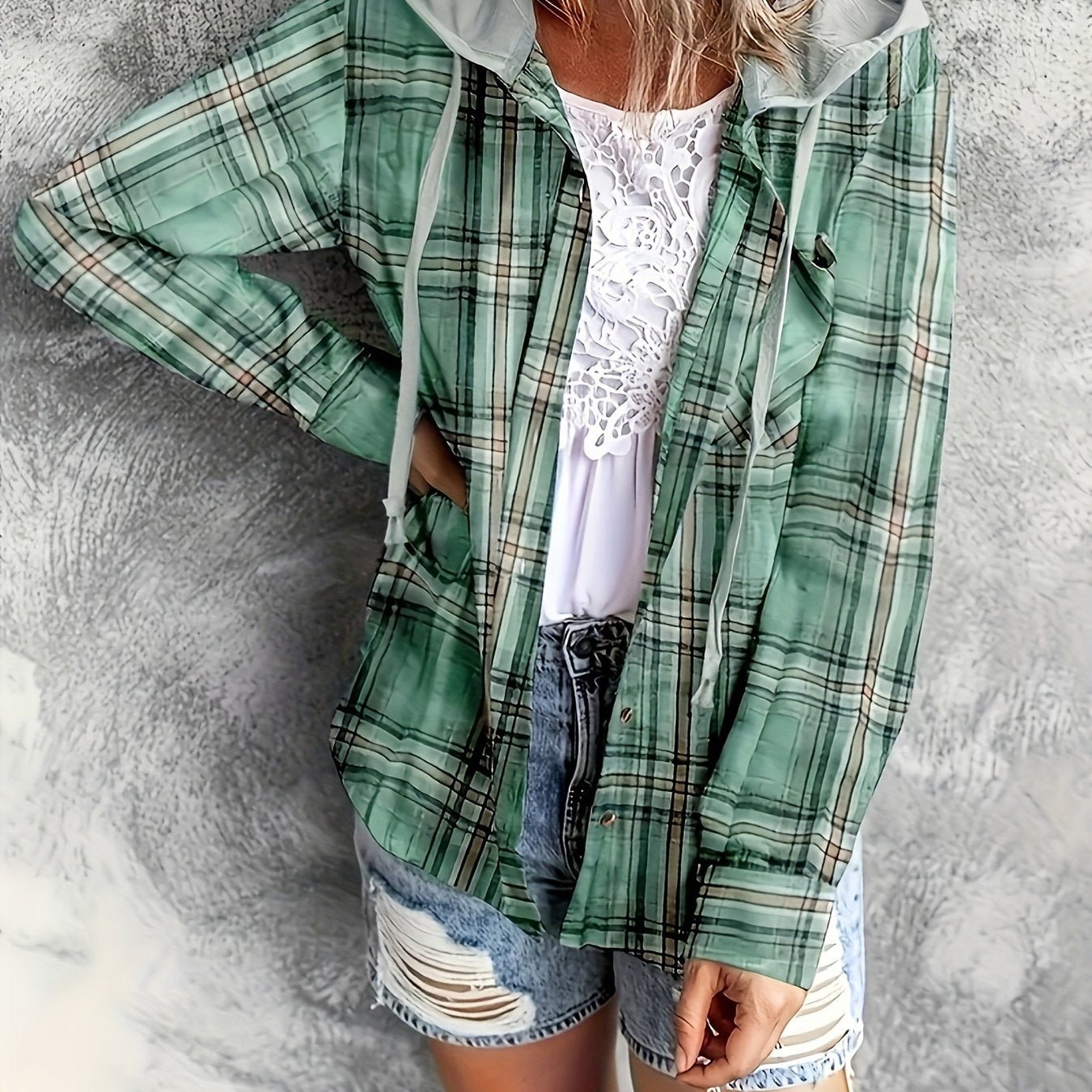 gbolsos Hooded Plaid Print Blouse, Casual Button Front Drawstring Long Sleeve Blouse, Women's Clothing