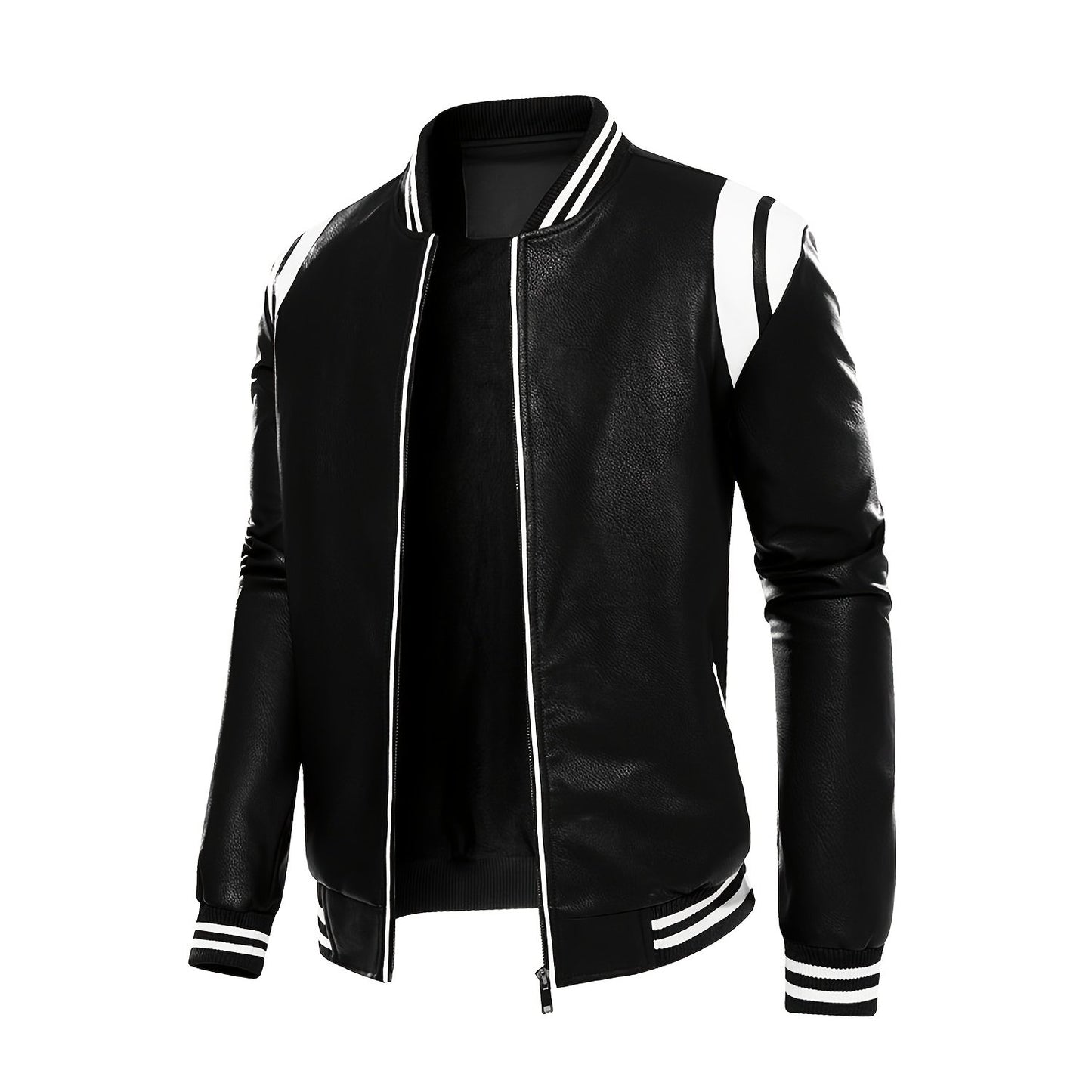 gbolsos Chic Color Block PU Jacket, Men's Casual Baseball Collar Faux Leather Biker Jacket