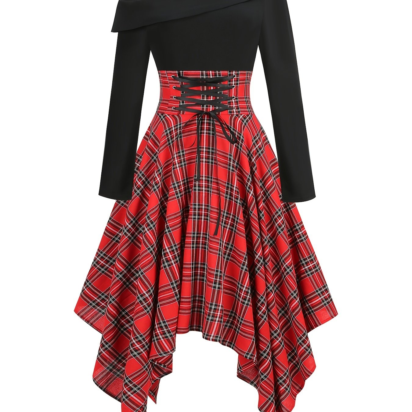 gbolsos Plaid Asymmetrical Hem Dress, Vintage Cold Shoulder Long Sleeve Dress, Women's Clothing