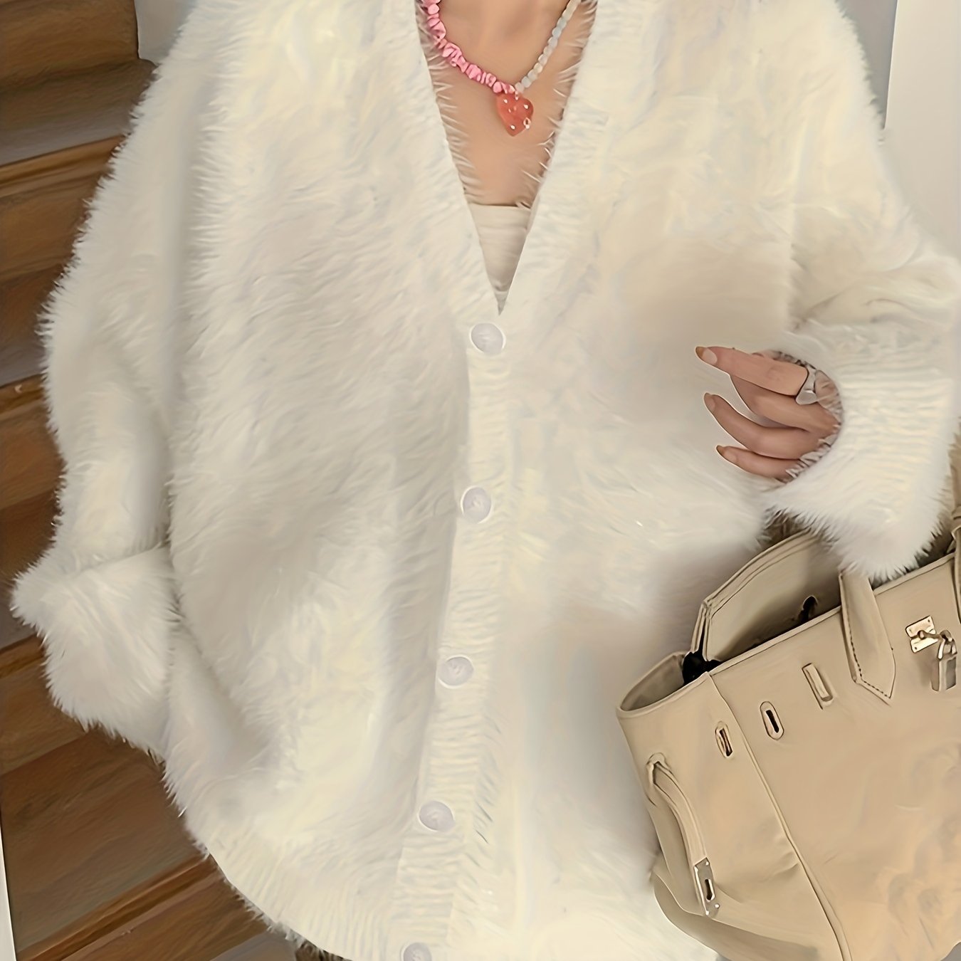 gbolsos Fuzzy Button Front Knit Cardigan, Casual V Neck Long Sleeve Solid Sweater, Women's Clothing