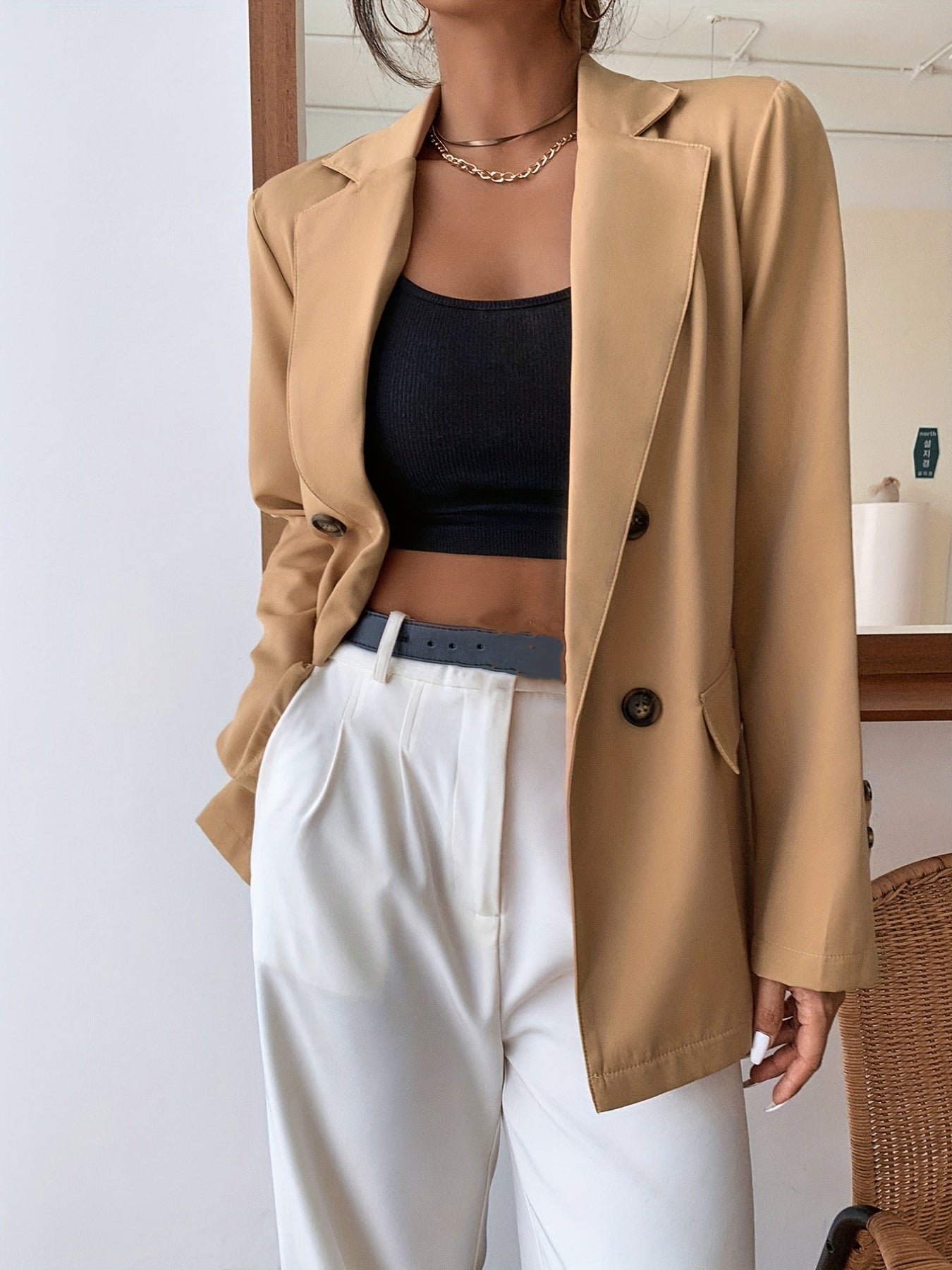Double Breasted Lapel Blazer, Elegant Open Front Long Sleeve Outerwear, Women's Clothing