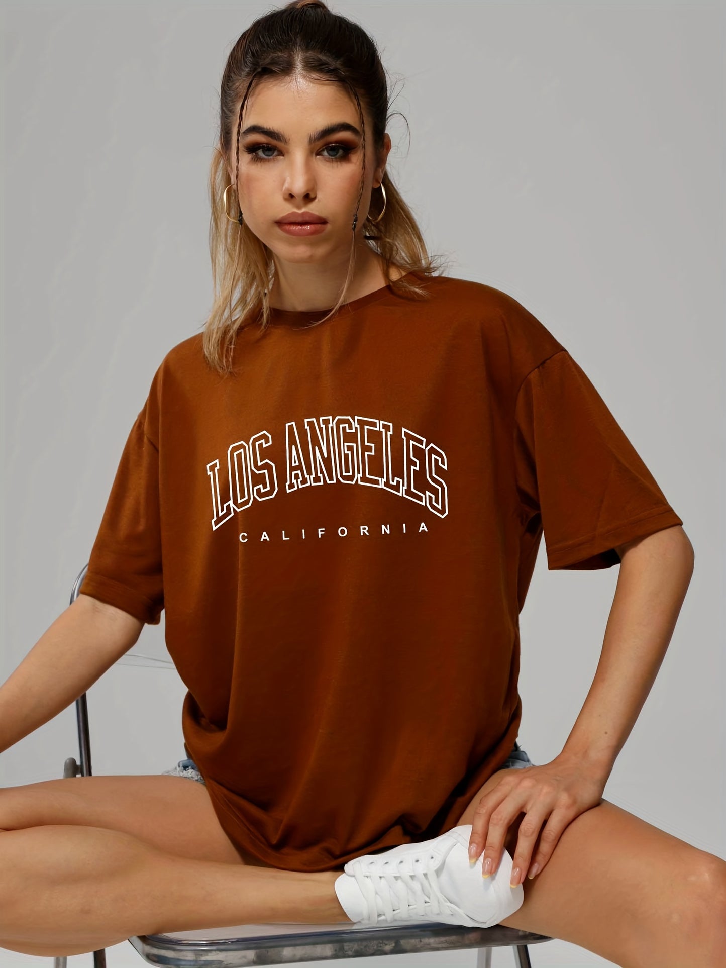 gbolsos Solid Color Letter Print Casual Sports T Shirt, Soft Crew Neck Short Sleeve Tee, Women's Clothing