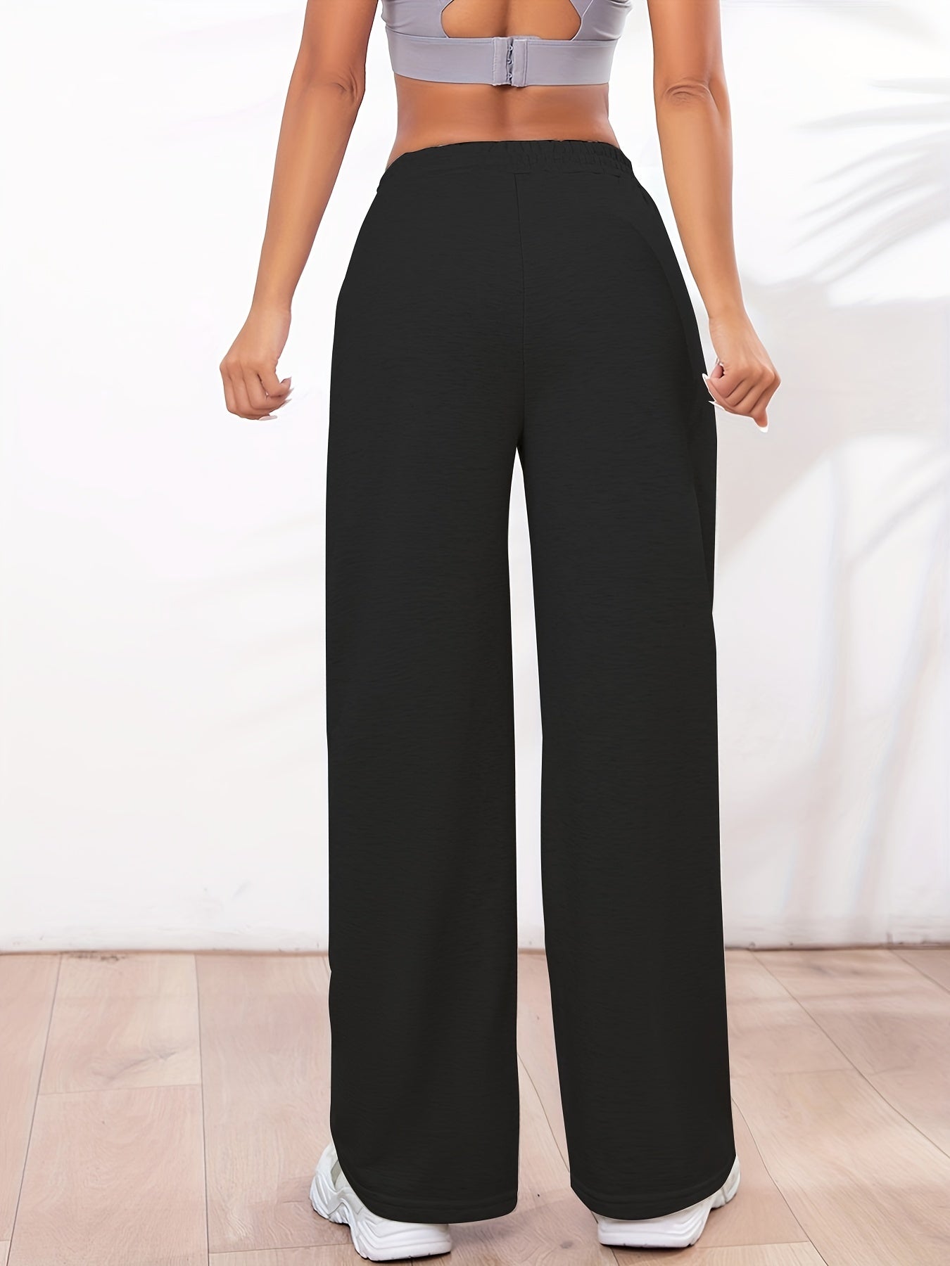 Solid Straight Leg Pants, Casual Asymmetrical Elastic Waist Pants For Spring & Fall, Women's Clothing