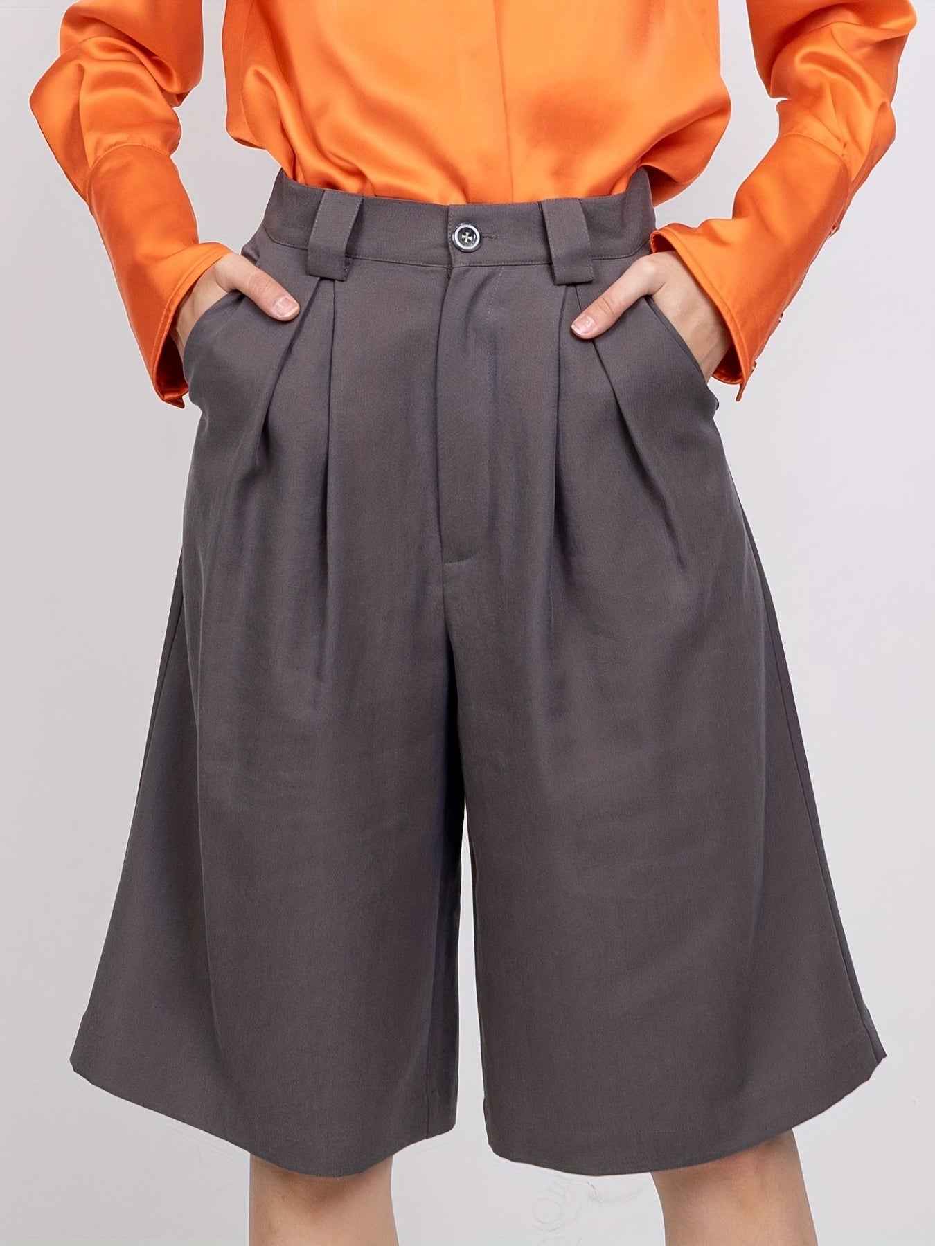 gbolsos Ruched Knee Length Suit Shorts, Solid Wide Leg Pleat Front Tailored Shorts With Pockets, Women's Clothing
