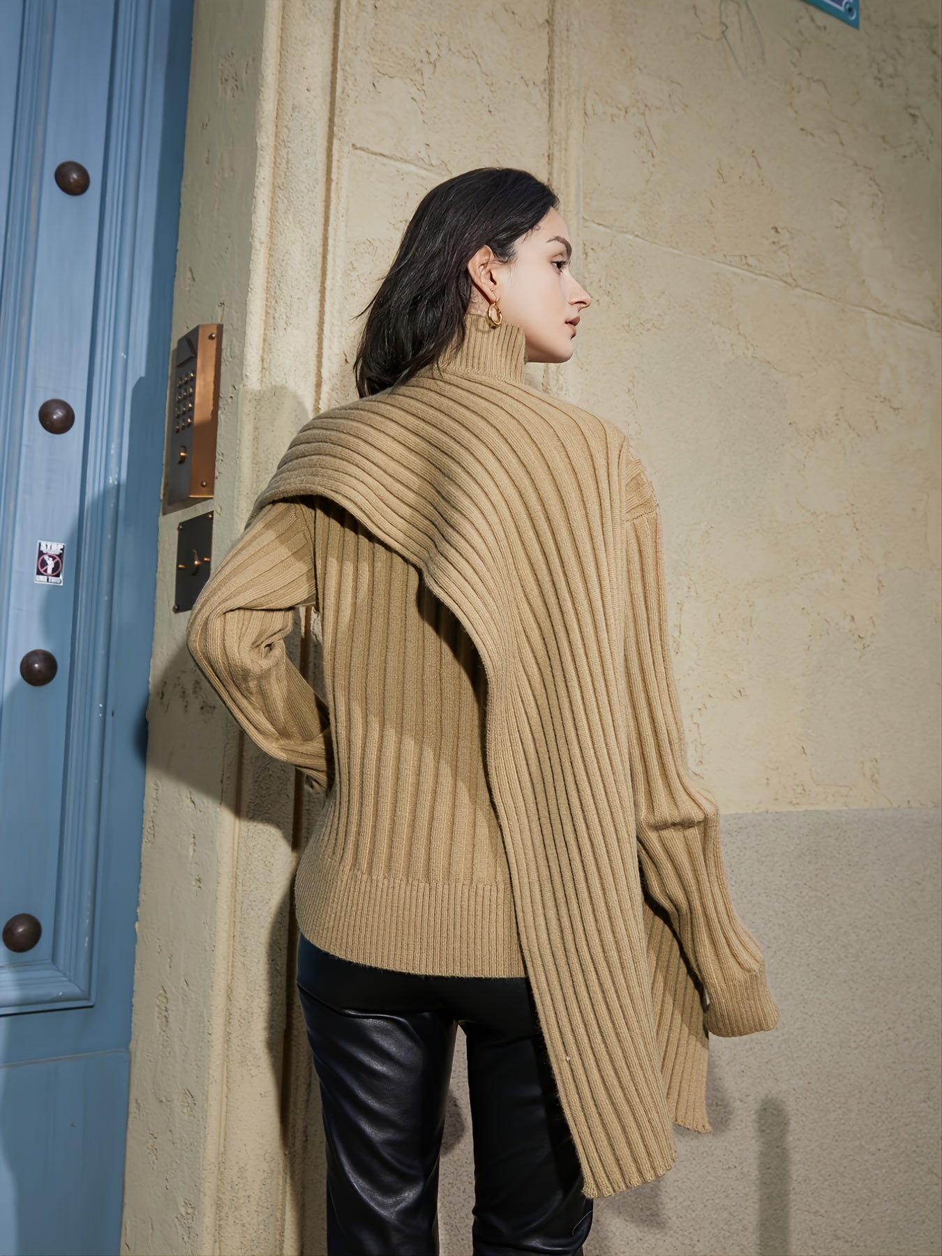 gbolsos Turtleneck Irregular Shawl Sweater, Casual Long Sleeve Loose Fall Winter Shawl Knit Sweater, Women's Clothing