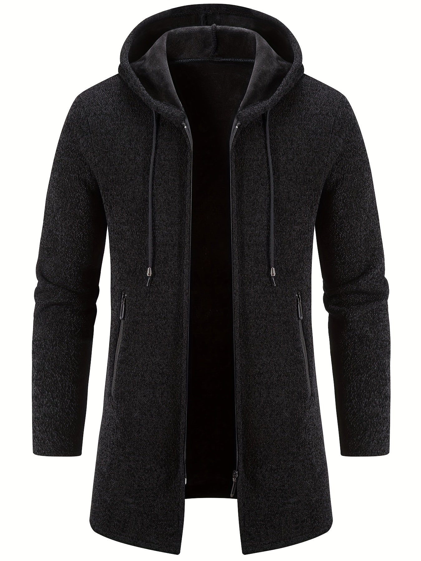 gbolsos Warm Mid-length Hooded Fleece Coat, Men's Comfortable Solid Color Zip Up Knitted Cardigan For Spring Fall