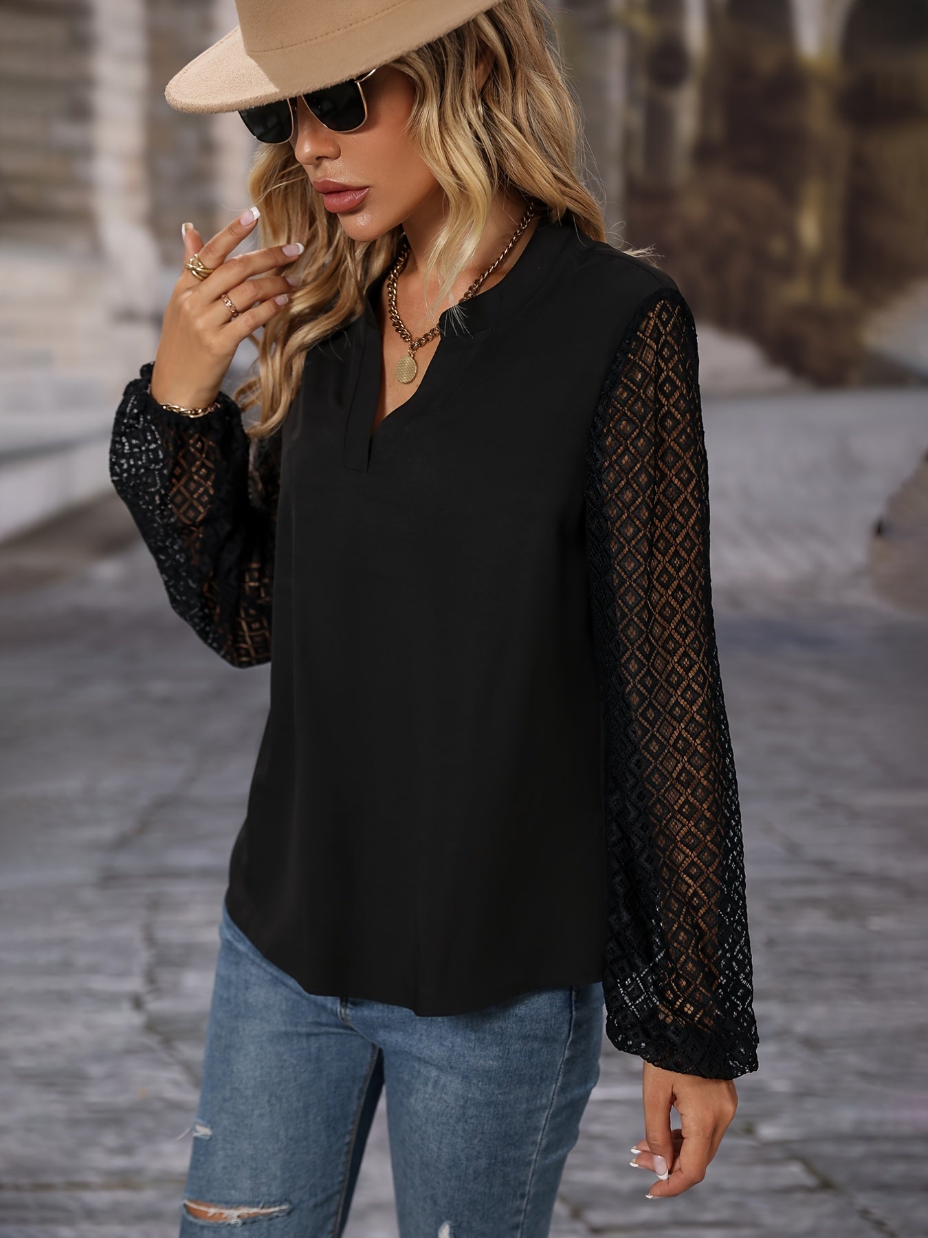 gbolsos Solid Crew Neck Long Mesh Sleeve Lace Shirt, Mature Loose Hollow Out Shirt, Women's Clothing