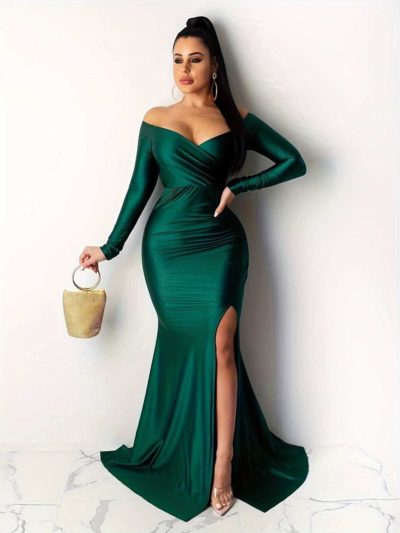 gbolsos Split Thigh Floor Length Dress, Party Wear Off Shoulder Long Sleeve Dress, Women's Clothing