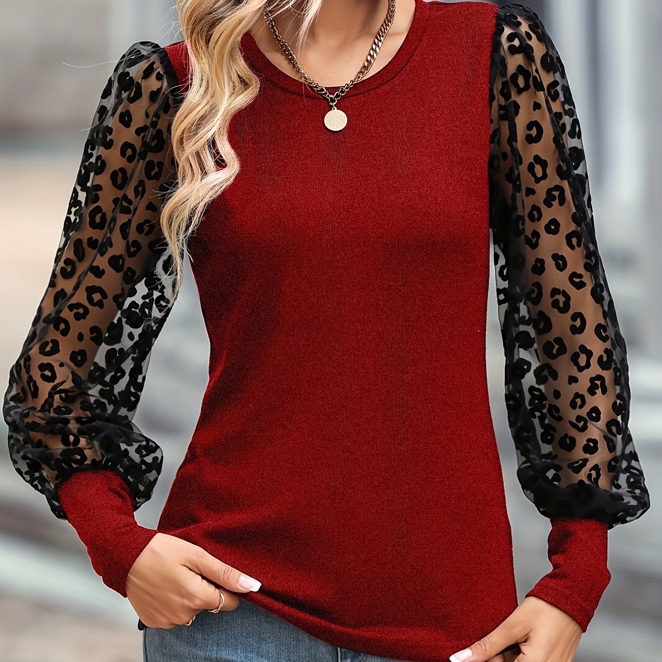 kkboxly Solid Color Lace Patchwork Ballon Sleeve Ribbed Knit Tops, Elegant Everyday Blouse, Women's Clothing