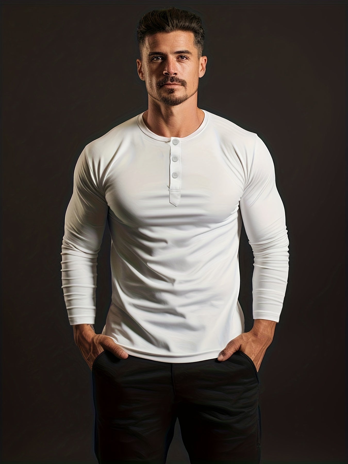 gbolsos Retro Style Men's Solid Long Sleeve Henry Tee, Men's Casual Comfy Clothing For Spring Fall