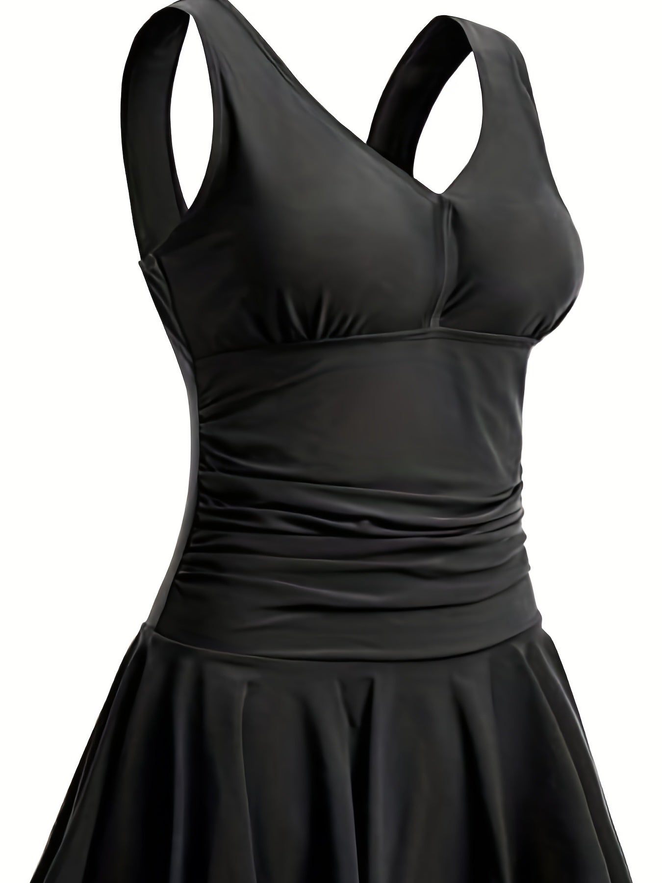 elveswallet Ruched Tummy Control Black One Piece Swimsuit, High Stretch V Neck Comfy Wide Strap Skirted Solid Color Bathing Suit, Women's Swimwear & Clothing