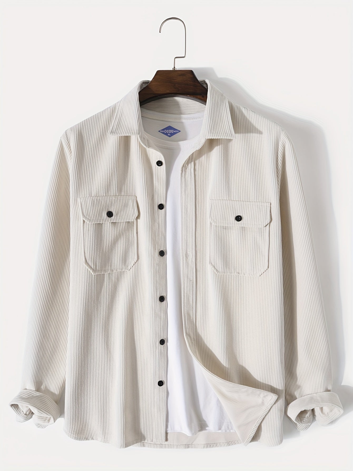 gbolsos Men's Retro Corduroy Shirt Top Turn-Down Collar Long Sleeve Closure Regular Fit Solid Male Casual Shirt For Daily