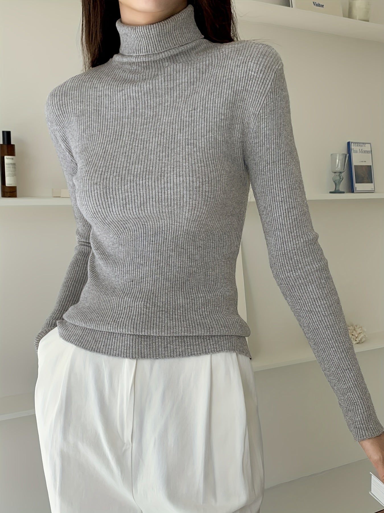 gbolsos Women's Sweater Turtleneck Solid Ribbed Long Sleeve Slim Pullover Knit Tops