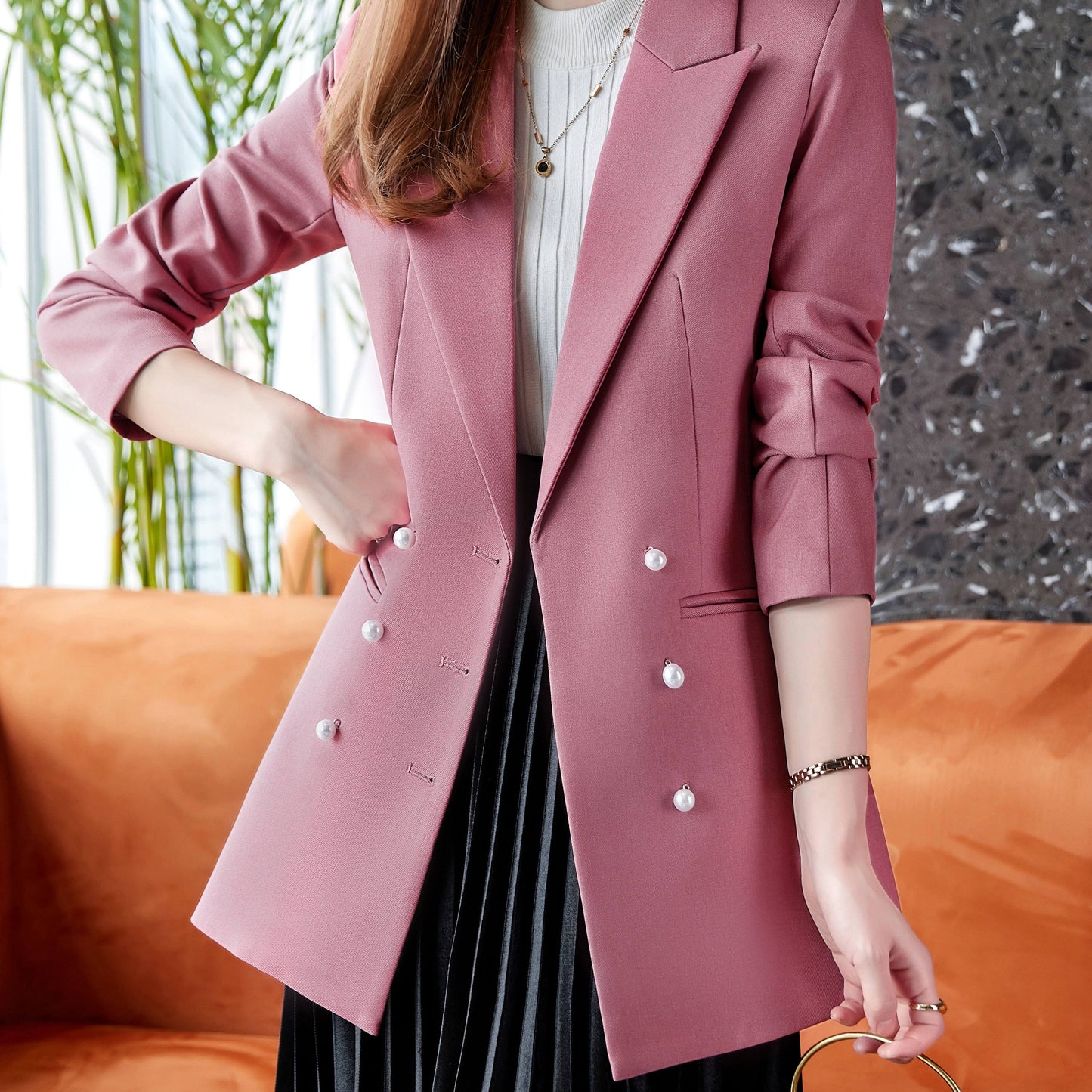 gbolsos Solid Lapel Beaded Button Blazer, Casual Long Sleeve Blazer For Office, Women's Clothing
