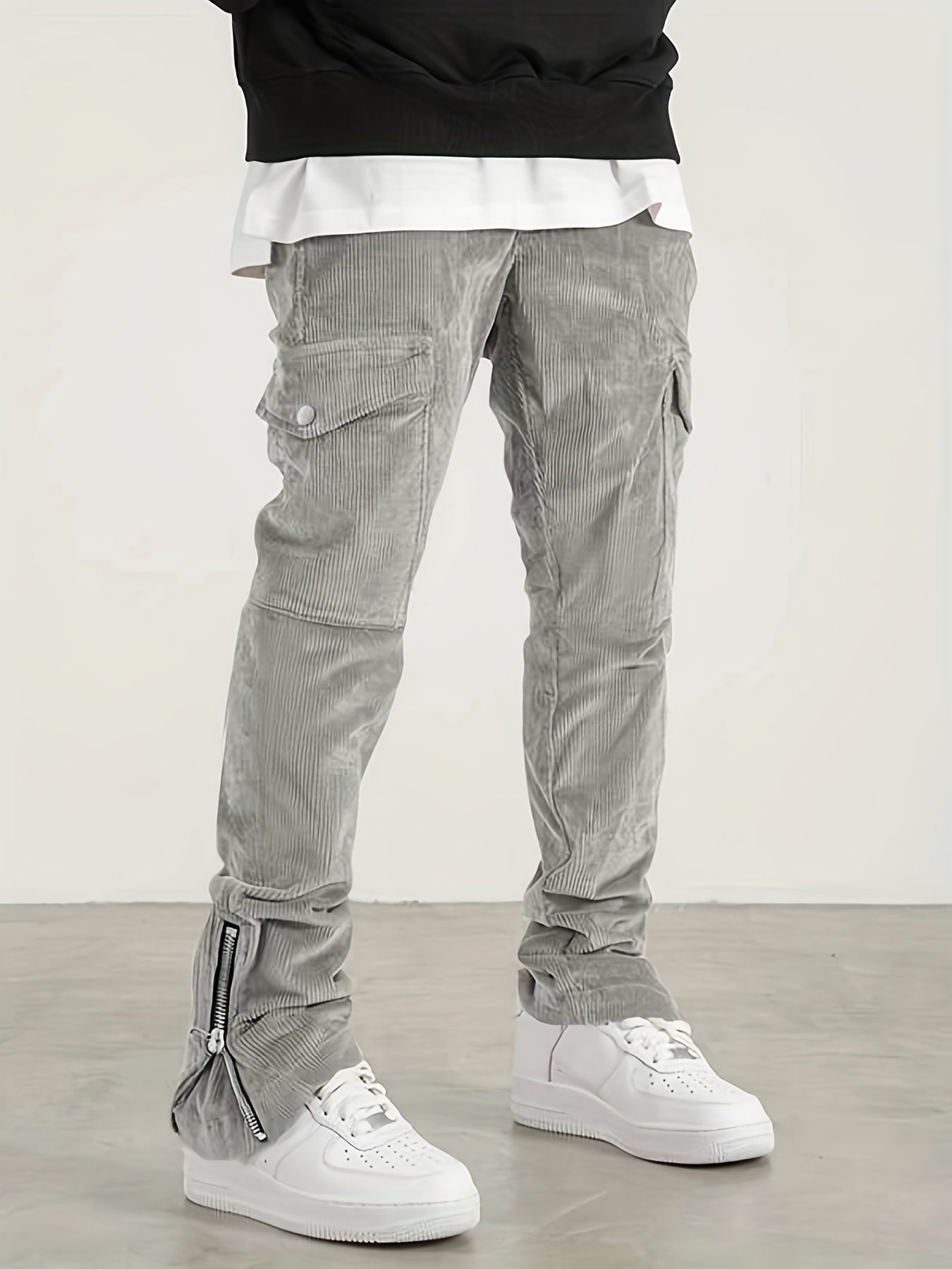 gbolsos Trendy Zipper Slit Bottom Cargo Pants, Men's Solid Multi Flap Pocket Trousers, Casual Outdoor Pants, Men's Work Pants Outdoors Streetwear Hiphop Style