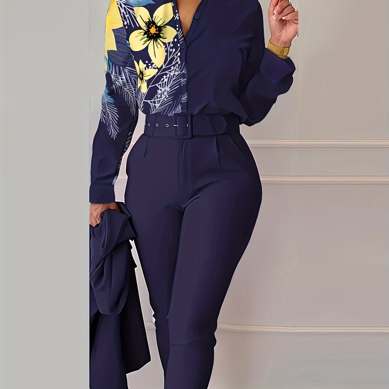 gbolsos Casual Two-piece Set, Floral Print Single Button Shirt & Solid Pants Outfits, Women's Clothing