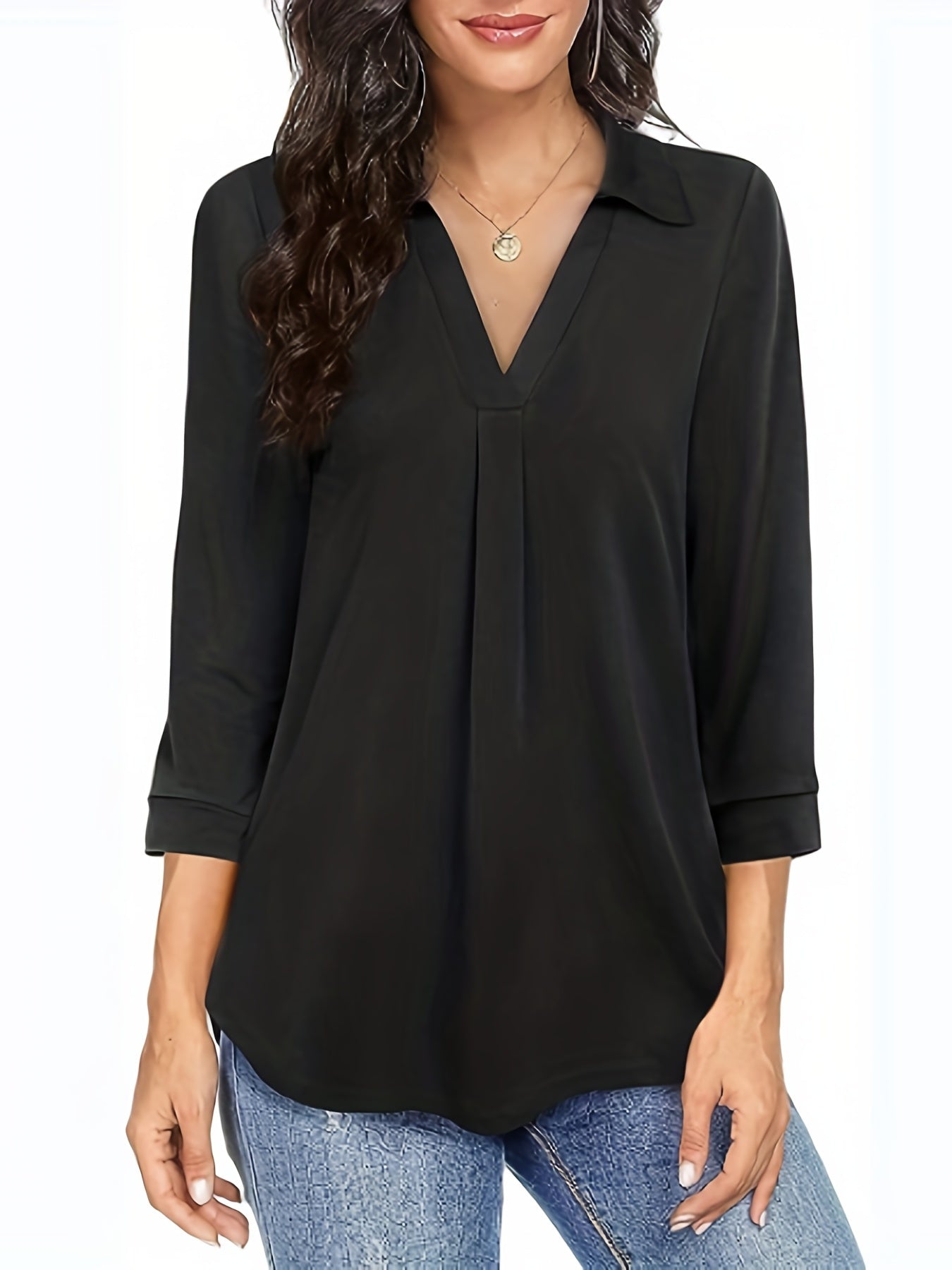 gbolsos Plus Size Casual Blouse, Women's Plus Solid Half Sleeve Turn Down Collar Tunic Top