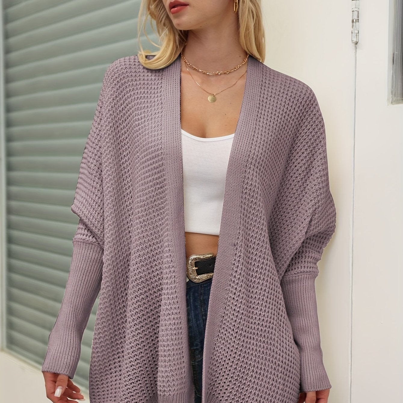 gbolsos Solid Simple Knit Cardigan, Casual Long Sleeve Open Front Sweater, Women's Clothing
