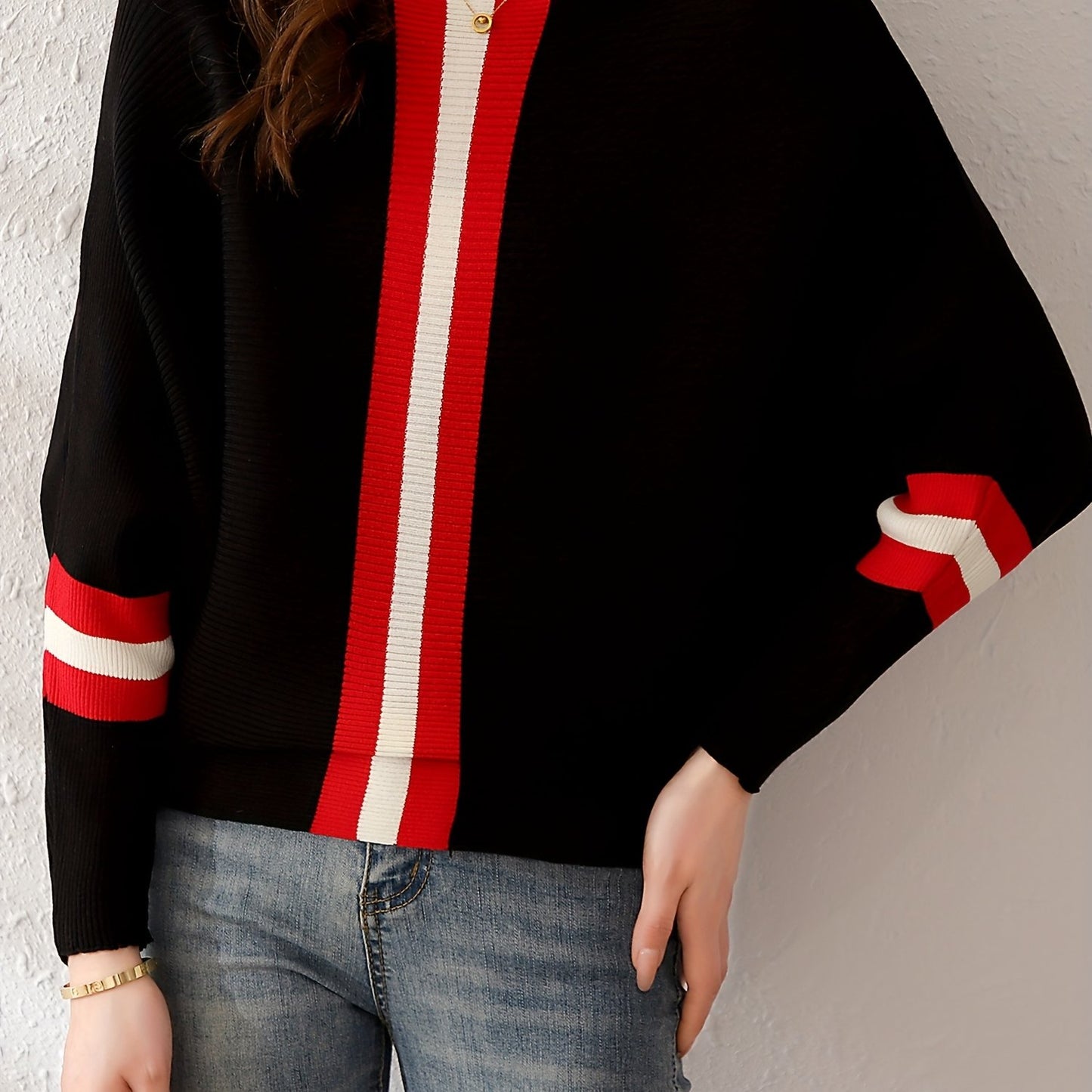 gbolsos Color Block Boat Neck Knit Sweater, Elegant Long Sleeve Sweater, Women's Clothing