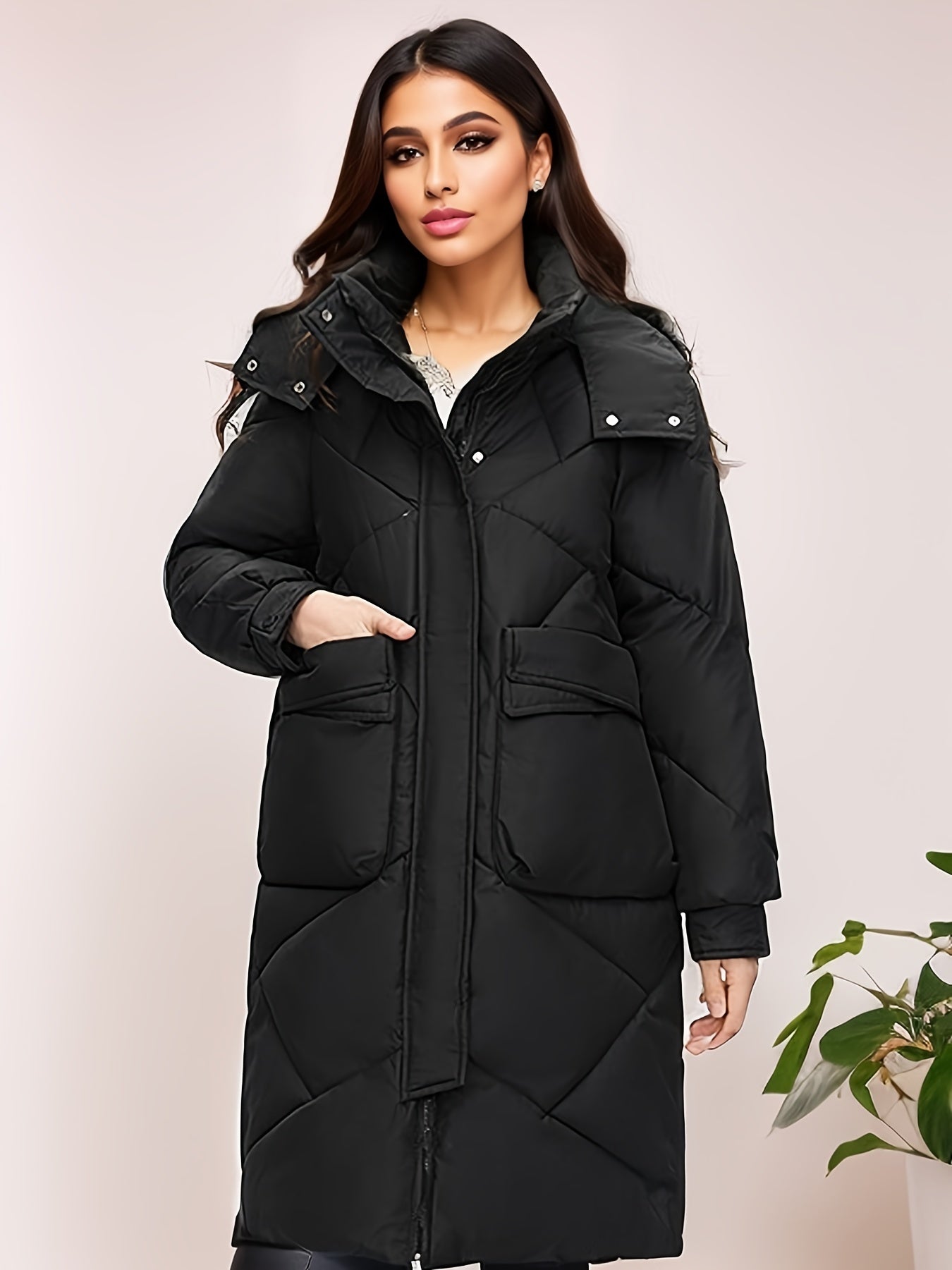 Button Front Warm Hooded Coat, Casual Long Length Winter Outerwear, Women's Clothing