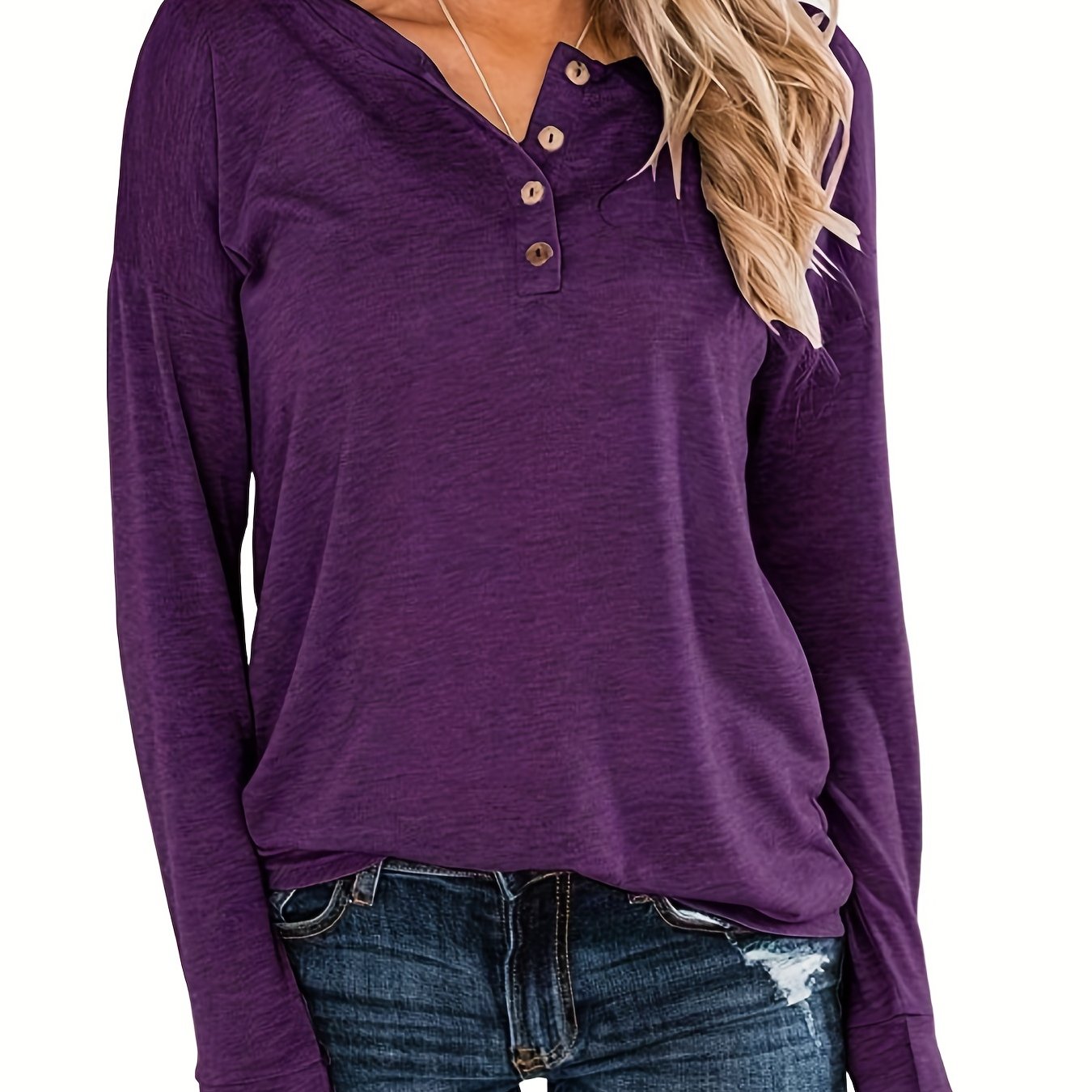 gbolsos Solid Button Down T-shirt, Casual Long Sleeve T-shirt For Spring & Fall, Women's Clothing