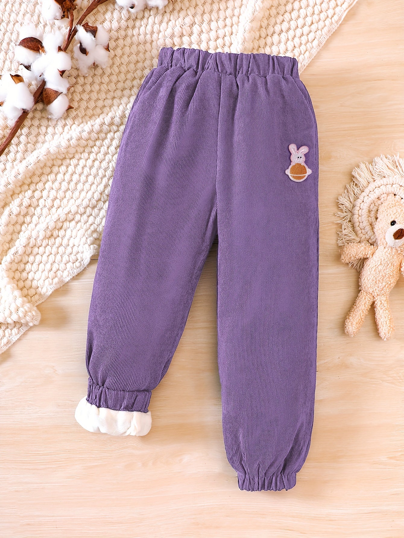 gbolsos Toddler Girls Fleece Lined Corduroy Jogger Pants Cute Bear Embroidery Elastic Waist For Winter
