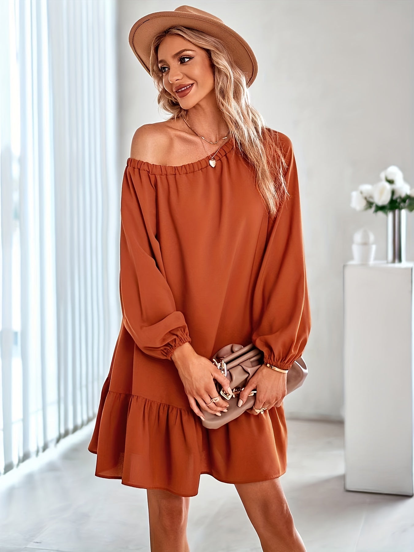 Solid One Shoulder Ruffle Hem Dress, Casual Long Sleeve Dress For Spring & Summer, Women's Clothing