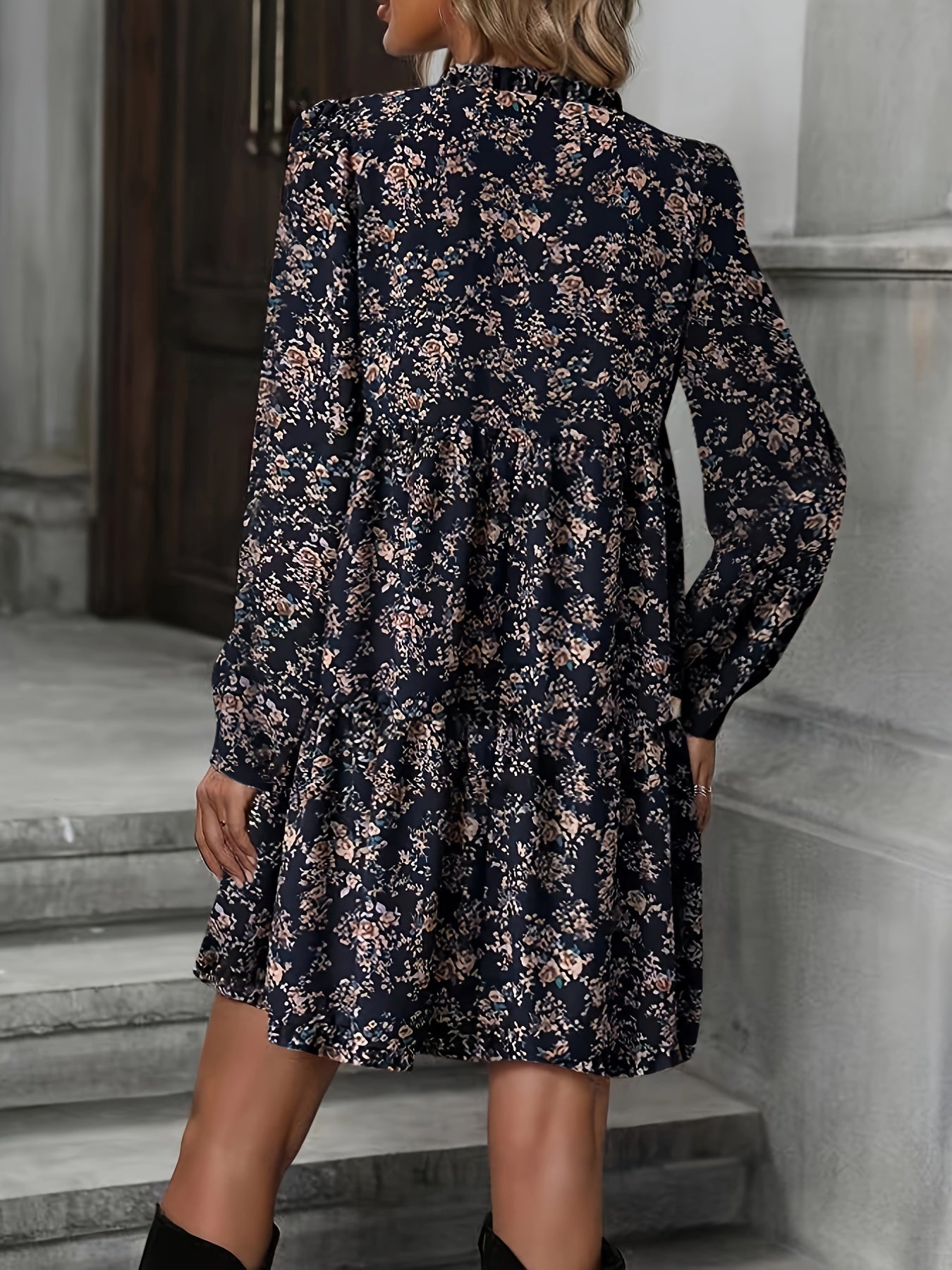 gbolsos Ditsy Floral Print Dress, Casual V Neck Long Sleeve Mini Dress, Women's Clothing