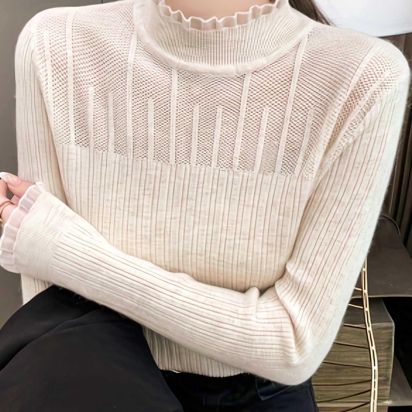 Solid Lace Mock Neck Slim Sweater, Casual Long Sleeve Sweater For Spring & Fall, Women's Clothing