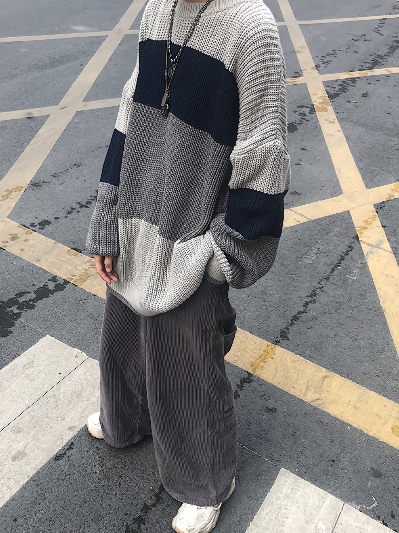 gbolsos Color Block Crew Neck Pullover Sweater, Vintage Long Sleeve Oversized Slouchy Sweater, Women's Clothing
