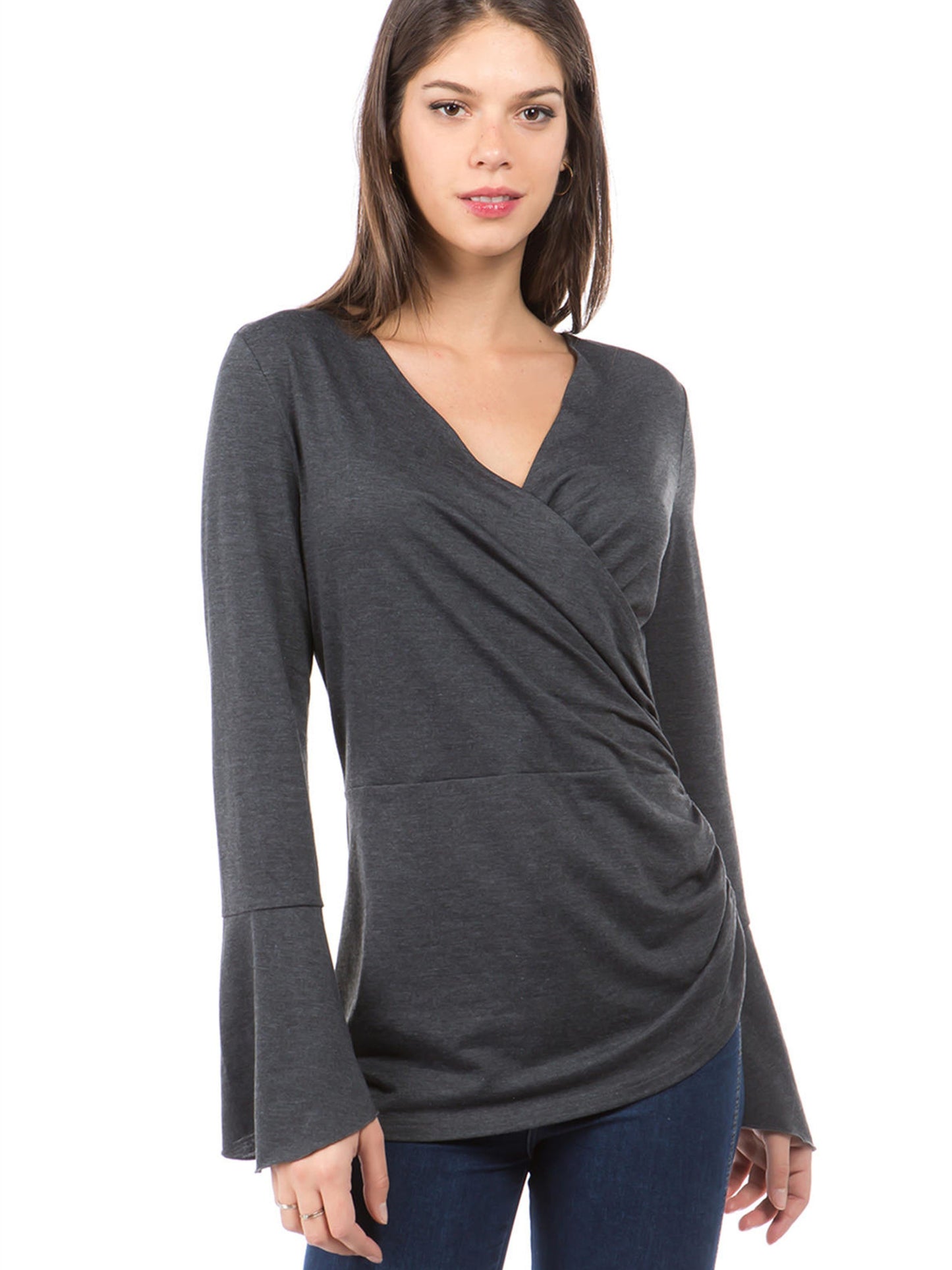 gbolsos Women's T-shirt Casual Solid V-neck Cross Cross Flare Long Sleeve Loose Fashion T-shirt