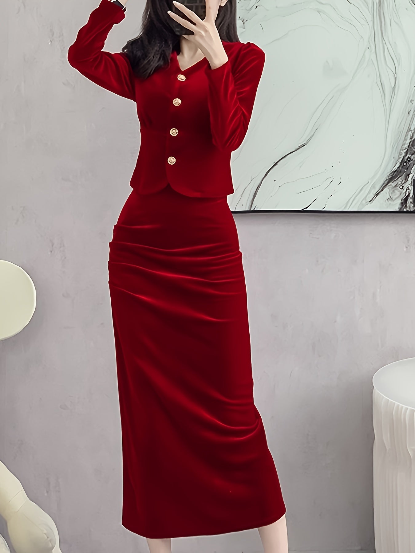 Solid Bodycon Two-piece Set, Button Front Long Sleeve Tops & High Waist Midi Skirts Outfits, Women's Clothing
