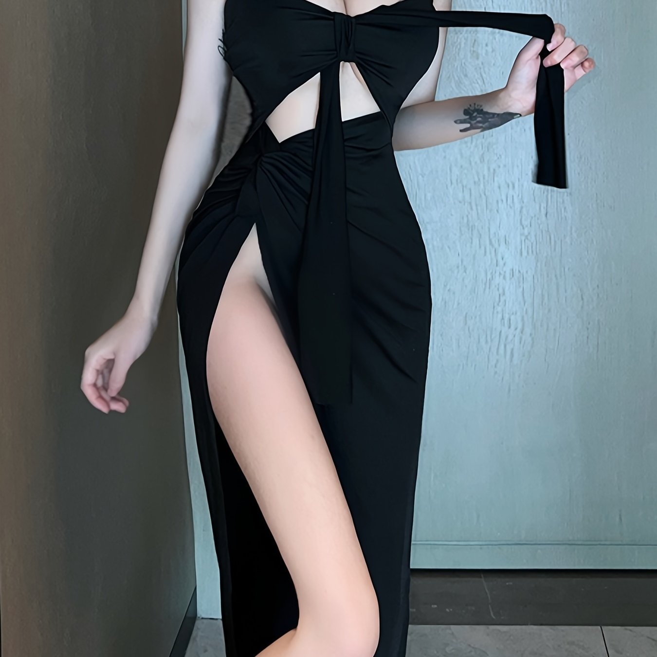 gbolsos Solid Cut Out Halter Dress, Sexy Side Split Stretchy Backless Dress, Women's Clothing