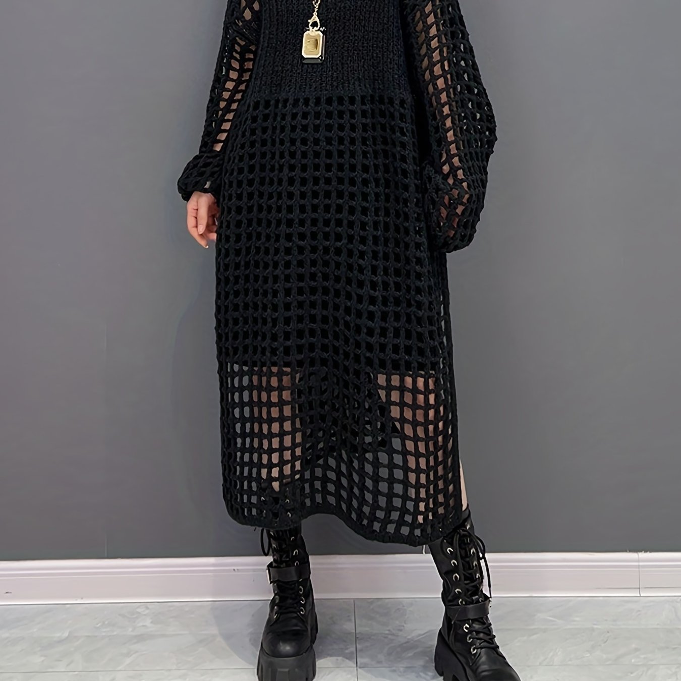 Crochet Split Thigh Dress, Casual Solid Long Sleeve Maxi Dress, Women's Clothing
