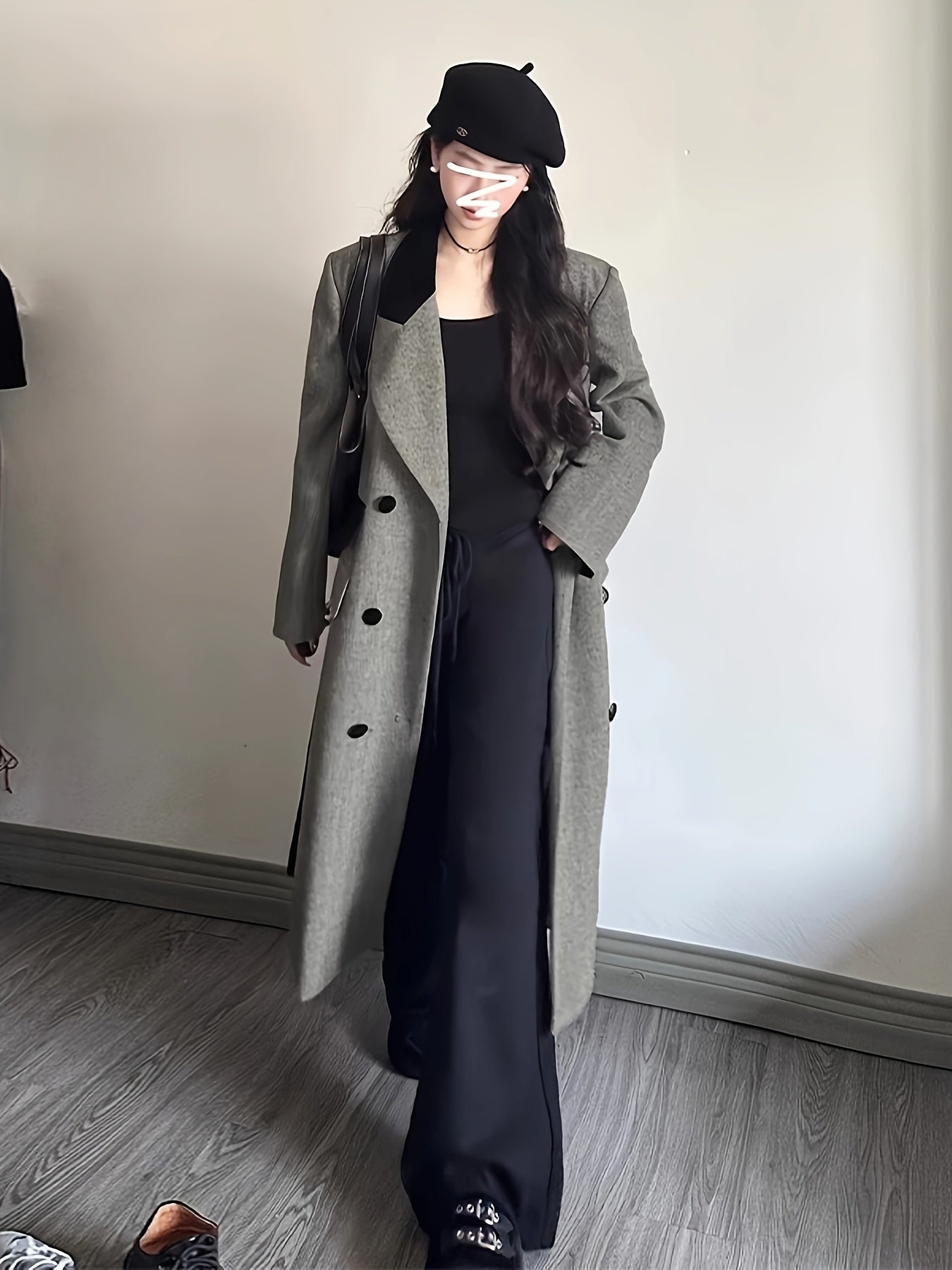 gbolsos Color Block Double-breasted Coat, Casual Long Sleeve Back Vent Tie Lapel Overcoat For Fall & Winter, Women's Clothing