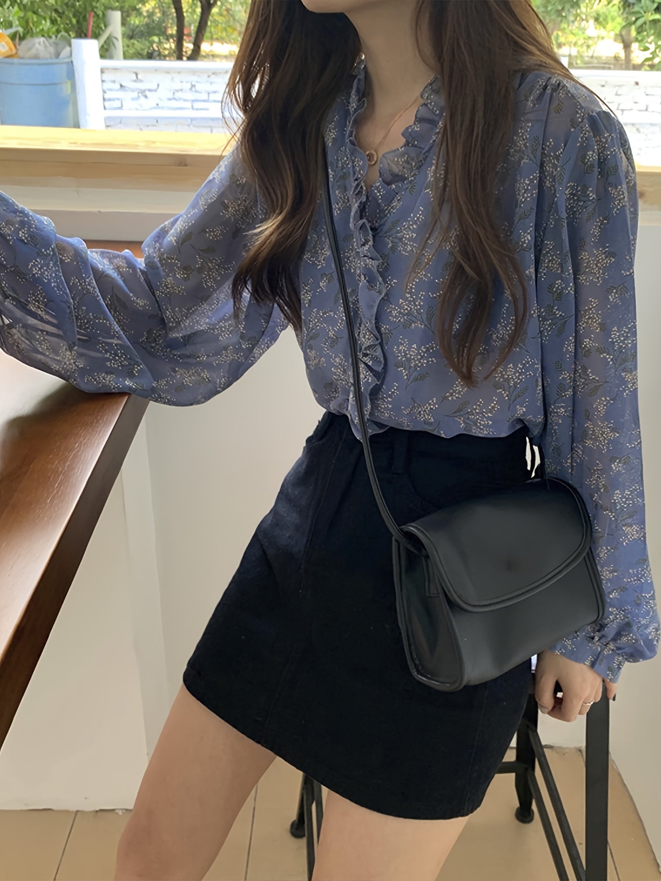 gbolsos Allover Print Ruffle Trim Blouse, Elegant Long Sleeve Blouse For Spring & Fall, Women's Clothing