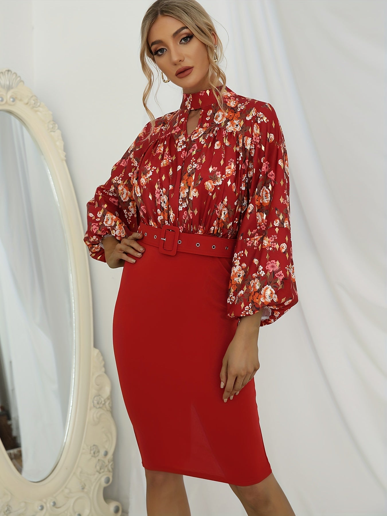 gbolsos Floral Print Belt Dress, Elegant Keyhole Neckline Puff Long Sleeve Bodycon Dress For Spring & Fall, Women's Clothing