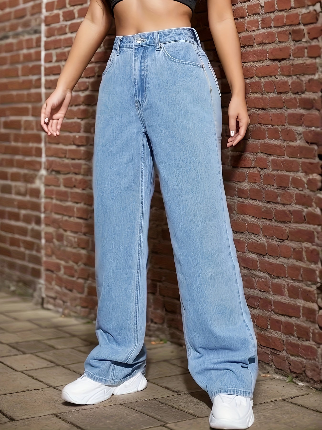 gbolsos Blue Loose Fit Straight Jeans, Non-Stretch Slant Pockets Washed Denim Pants, Women's Denim Jeans & Clothing