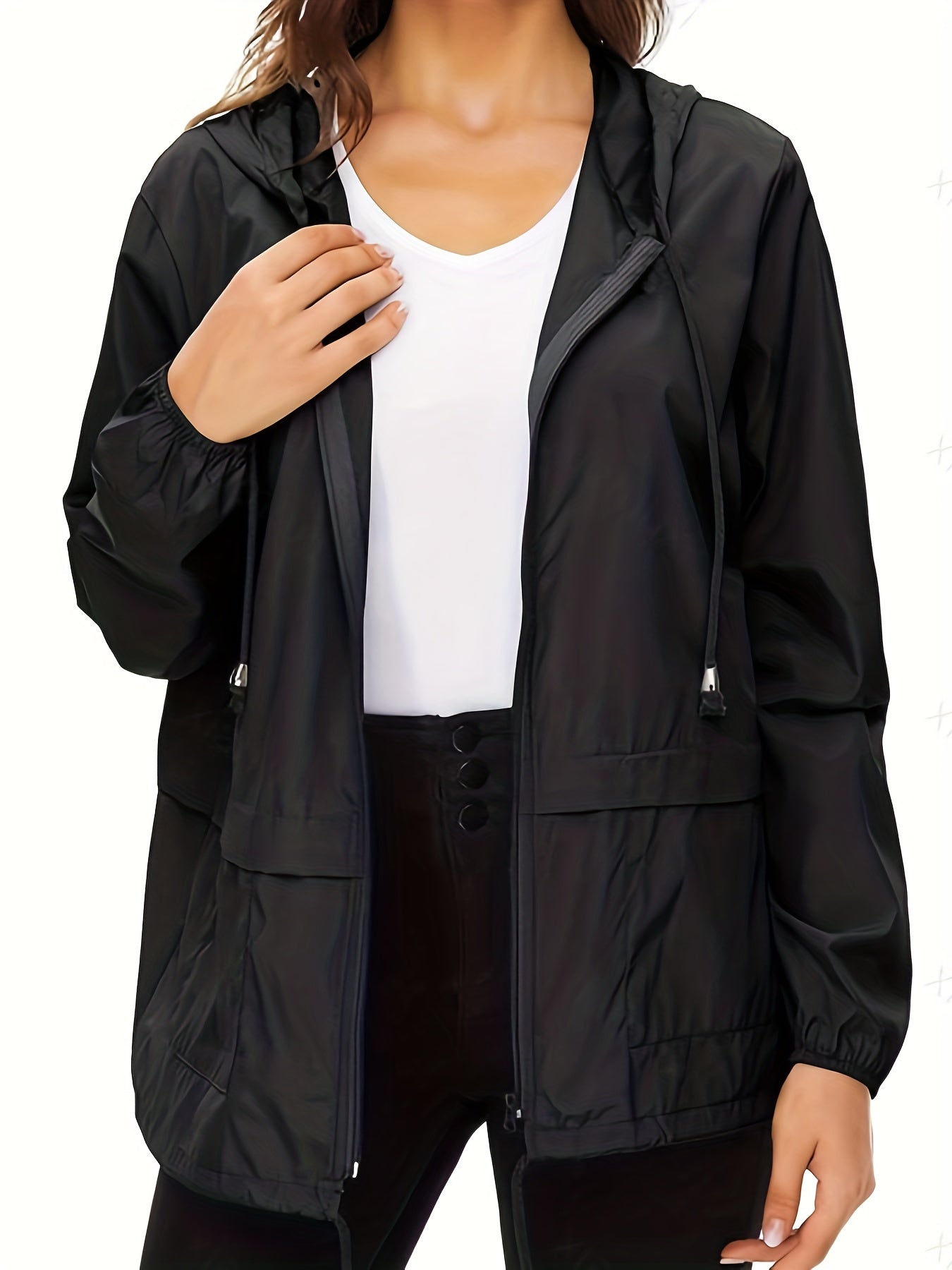 solvbao Plus Size Casual Trench Coat, Women's Plus Solid Long Sleeve Zip Up Hooded Drawstring Windbreaker Coat With Pockets