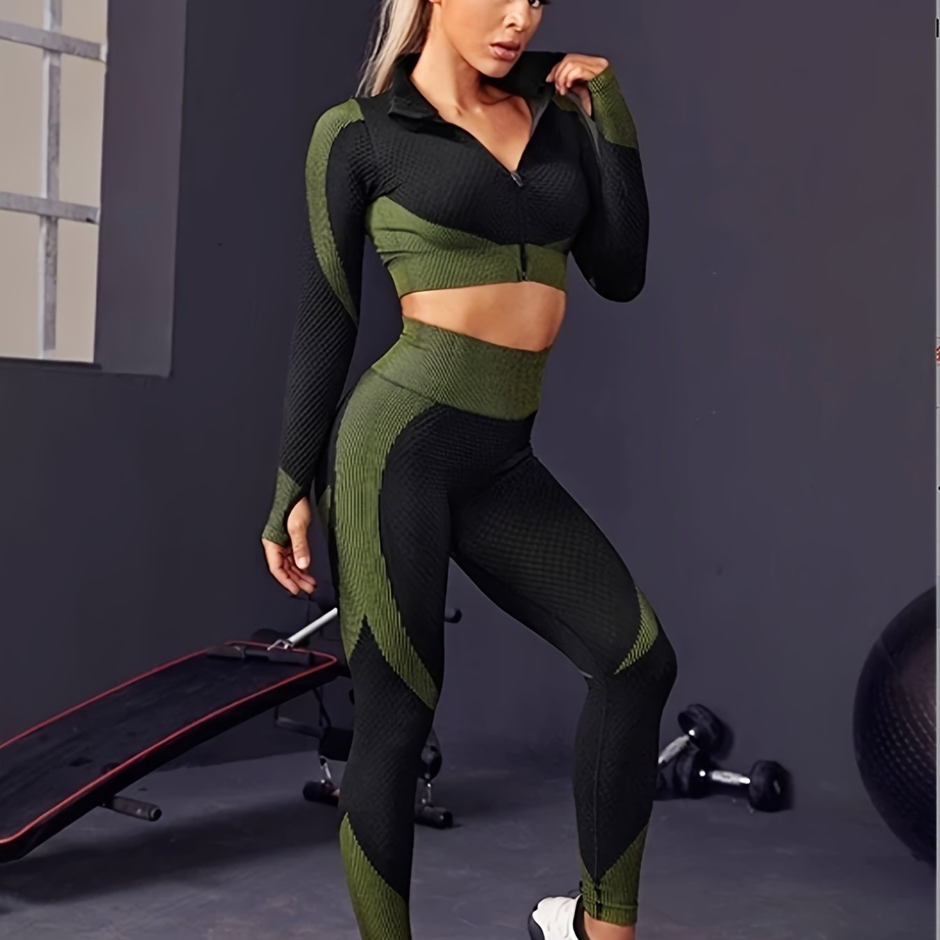 gbolsos 2pcs Seamless Knitting Suits, Full Zipper Long Sleeve Thumb Hole Cropped Top & Slimming High Waist Leggings Set, Women's Activewear