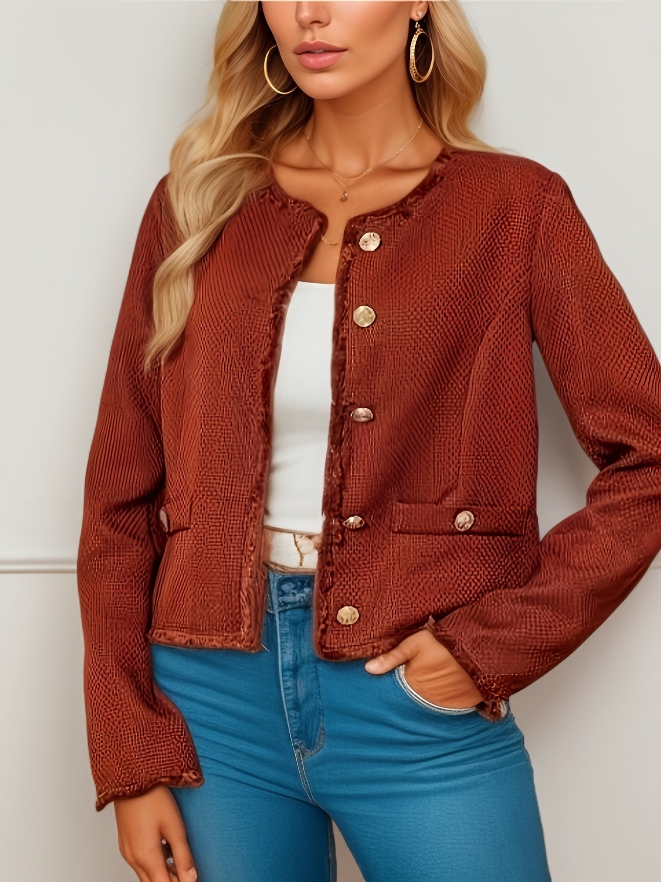 gbolsos Solid Button Front Jacket, Casual Simple Crew Neck Long Sleeve Outerwear, Women's Clothing