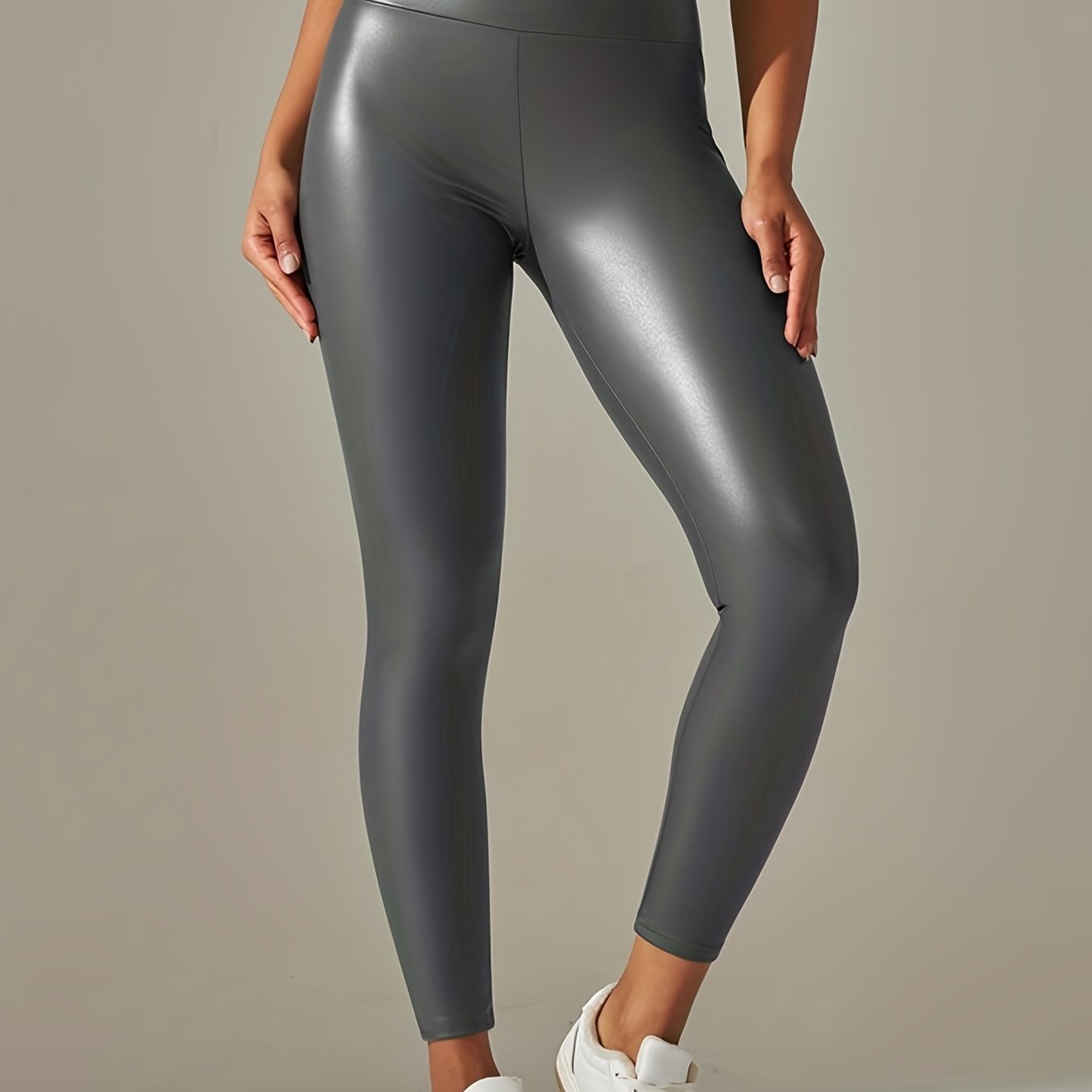 gbolsosGothic Solid PU Leather High Waist Leggings, Casual Skinny Long Length Sexy Leggings, Women's Clothing