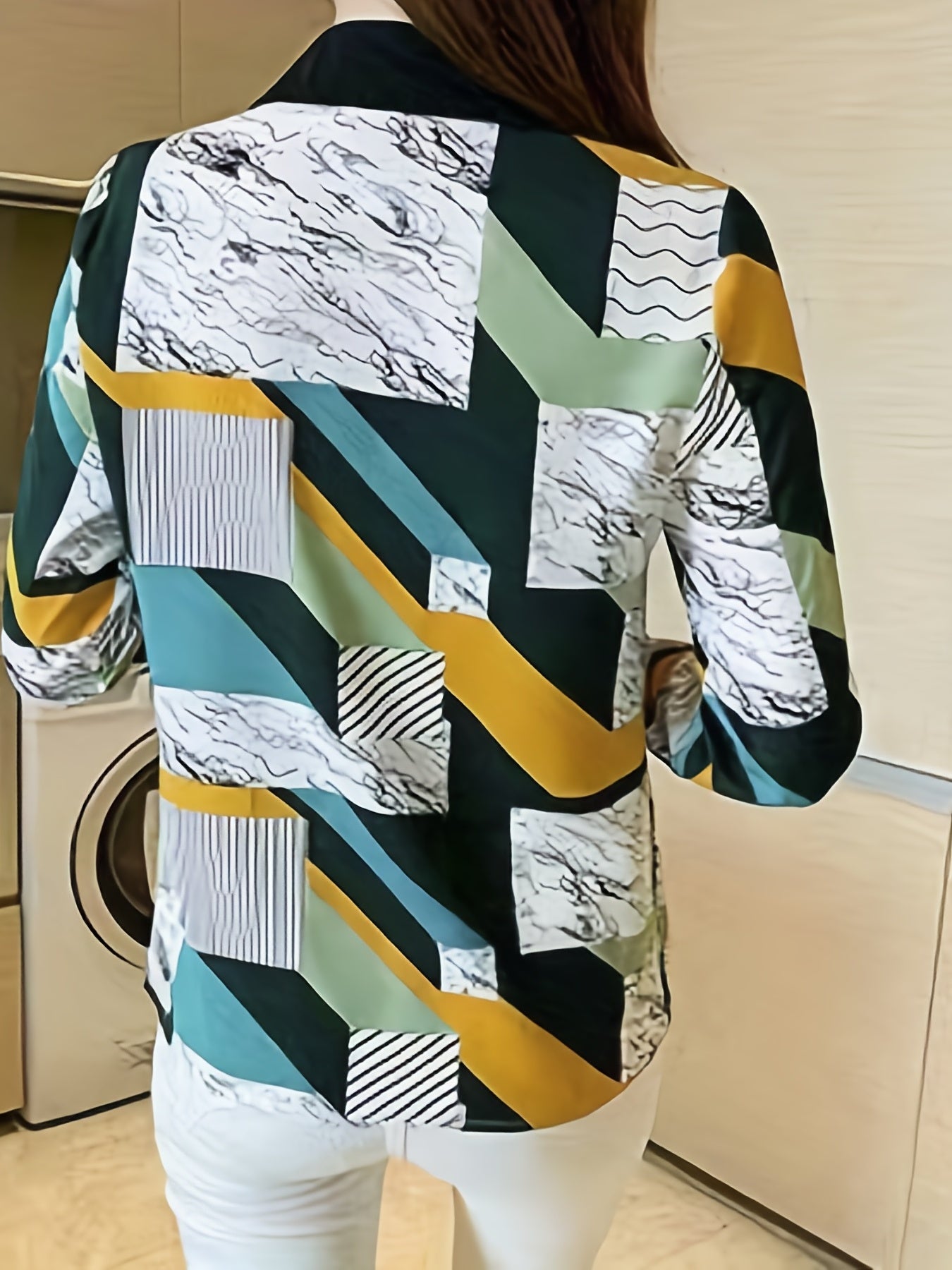 gbolsos Colorblock Geometric Print Polo Collar Shirt, Casual Long Sleeve Shirt For Spring & Fall, Women's Clothing