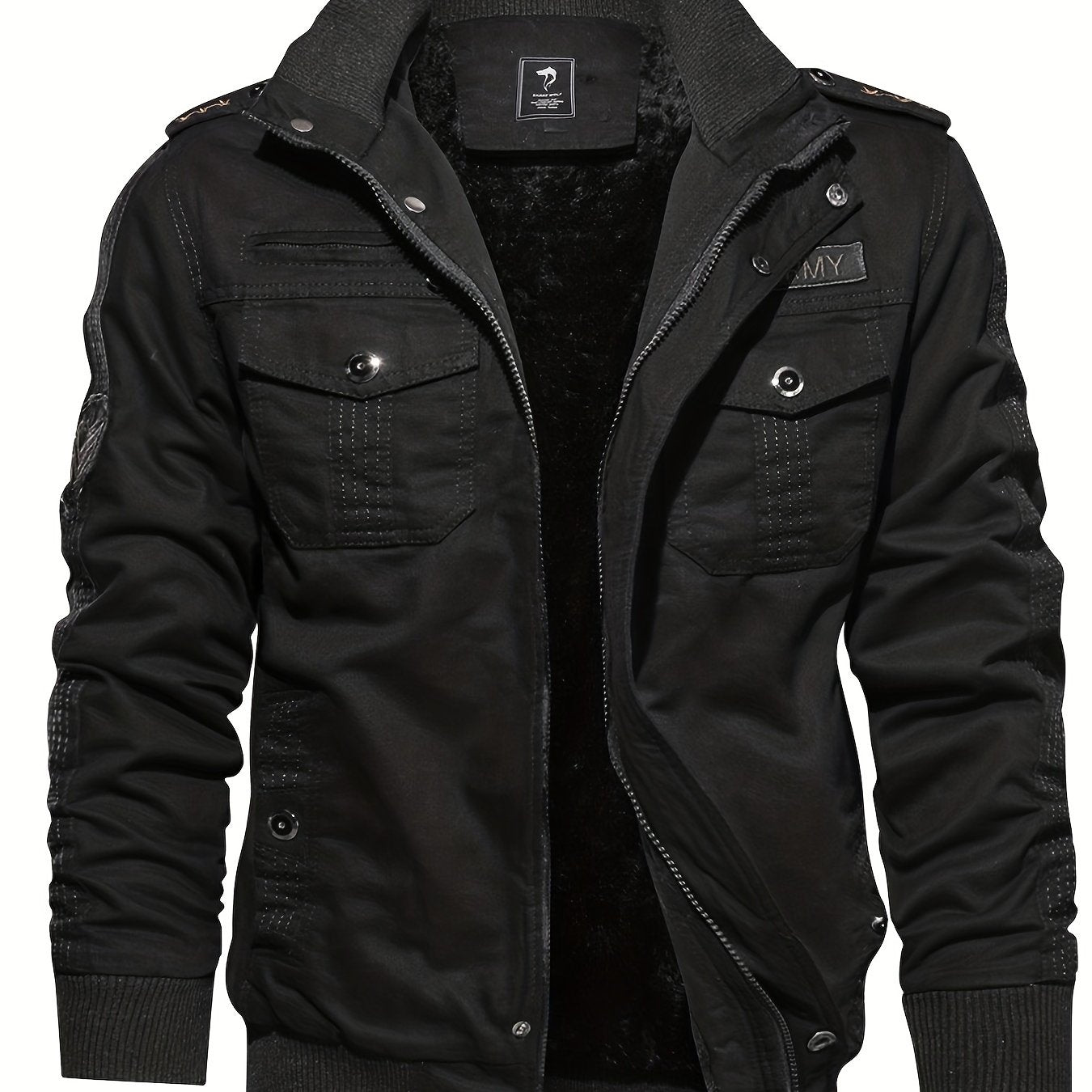 gbolsos Warm Plush Fleece Cotton Jacket, Men's Casual Zipper Pockets Stand Collar Jacket Coat For Fall Winter