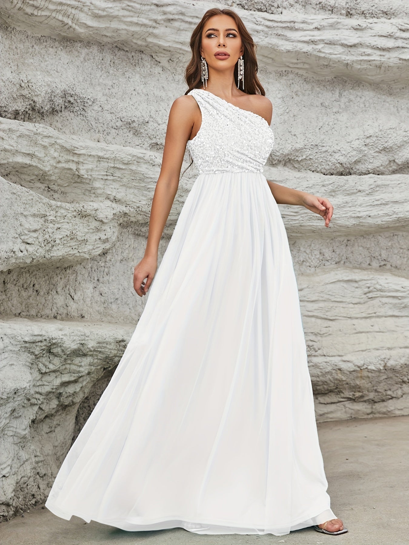 One Shoulder Sequin Dress, Elegant Sleeveless Dress For Party & Banquet, Women's Clothing