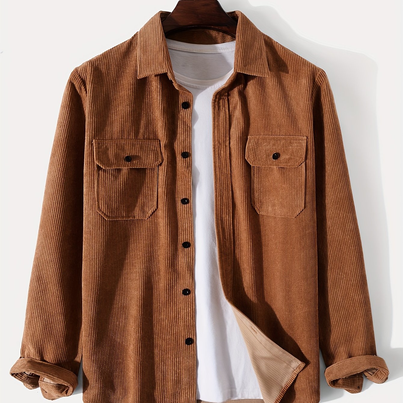 gbolsos Men's Retro Corduroy Shirt Top Turn-Down Collar Long Sleeve Closure Regular Fit Solid Male Casual Shirt For Daily